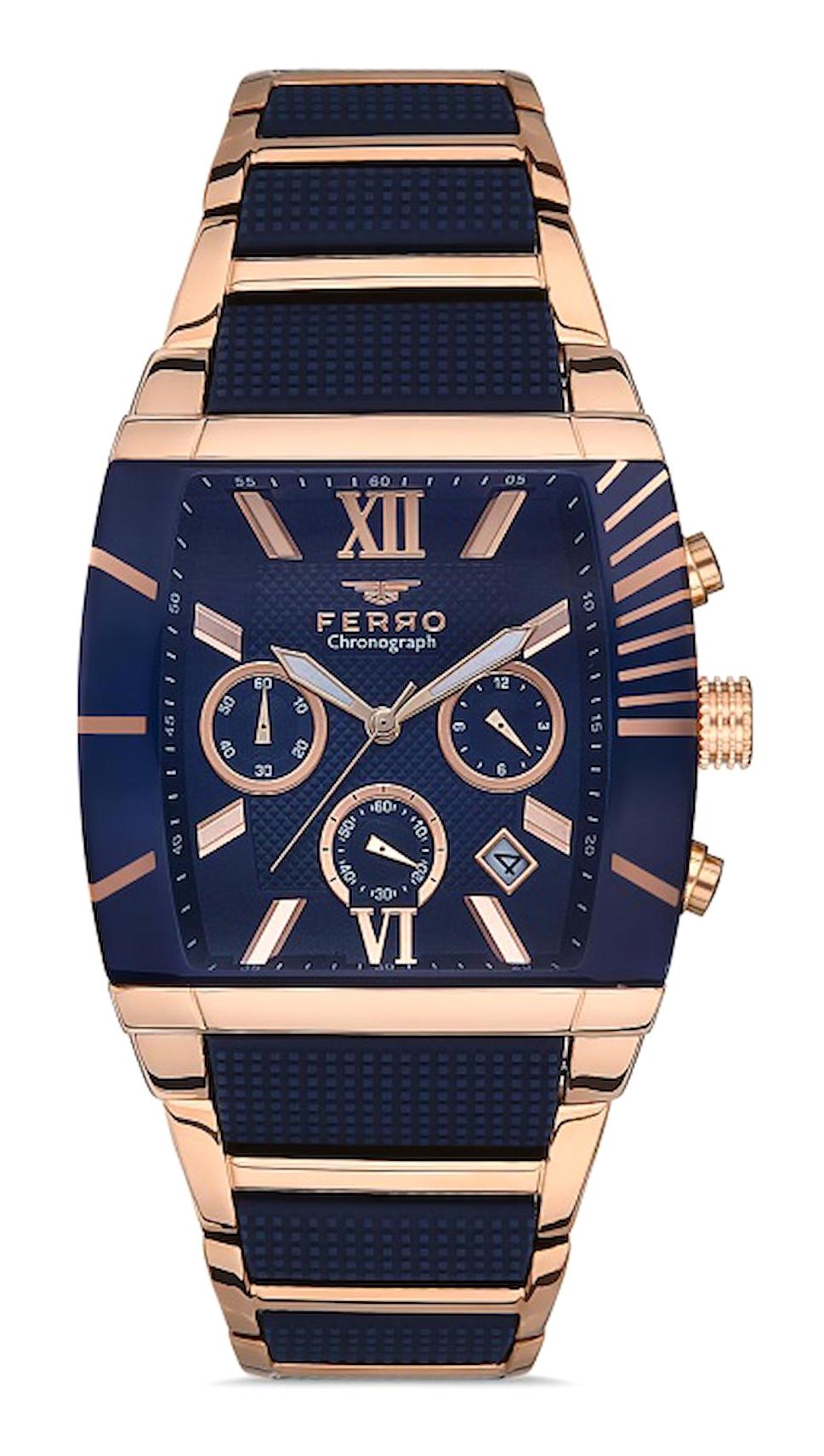 Ferro FM31266A-T Takvimli 40 mm Lacivert-Rose Gold Metal Kordon Analog Erkek Kol Saati