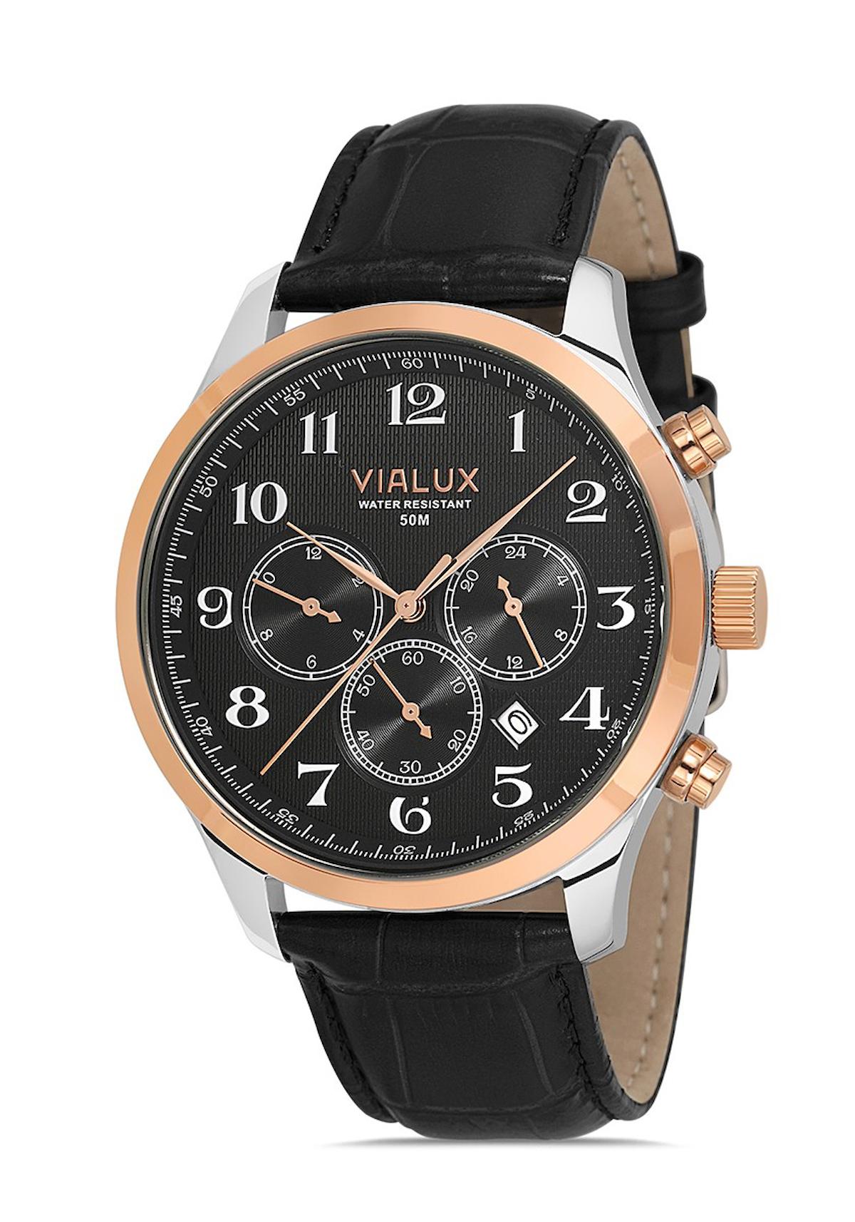 Vialux VX569R-04BR Takvimli 44 mm Siyah Deri Kordon Analog Erkek Kol Saati