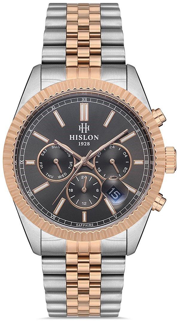 Hislon DT117T-05SR Pusulalı Takvimli 43 mm Gri-Rose Gold Çelik Kordon Analog Erkek Kol Saati