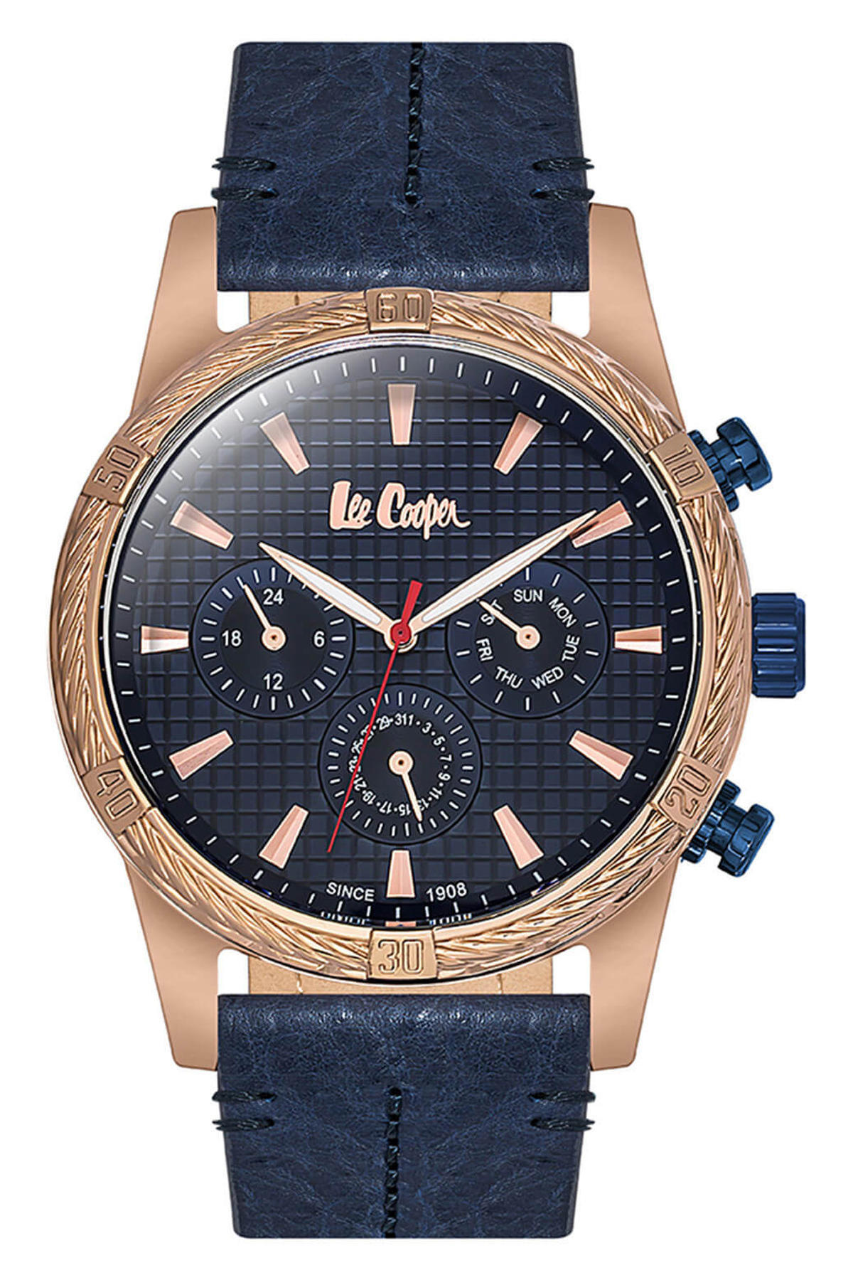 Lee Cooper LC06524.499 Takvimli 45 mm Lacivert Deri Kordon Analog Erkek Kol Saati