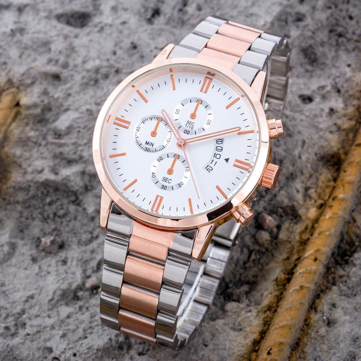 Saattino ST-304281 Takvimli 44 mm Gri-Rose Gold Çelik Kordon Analog Erkek Kol Saati