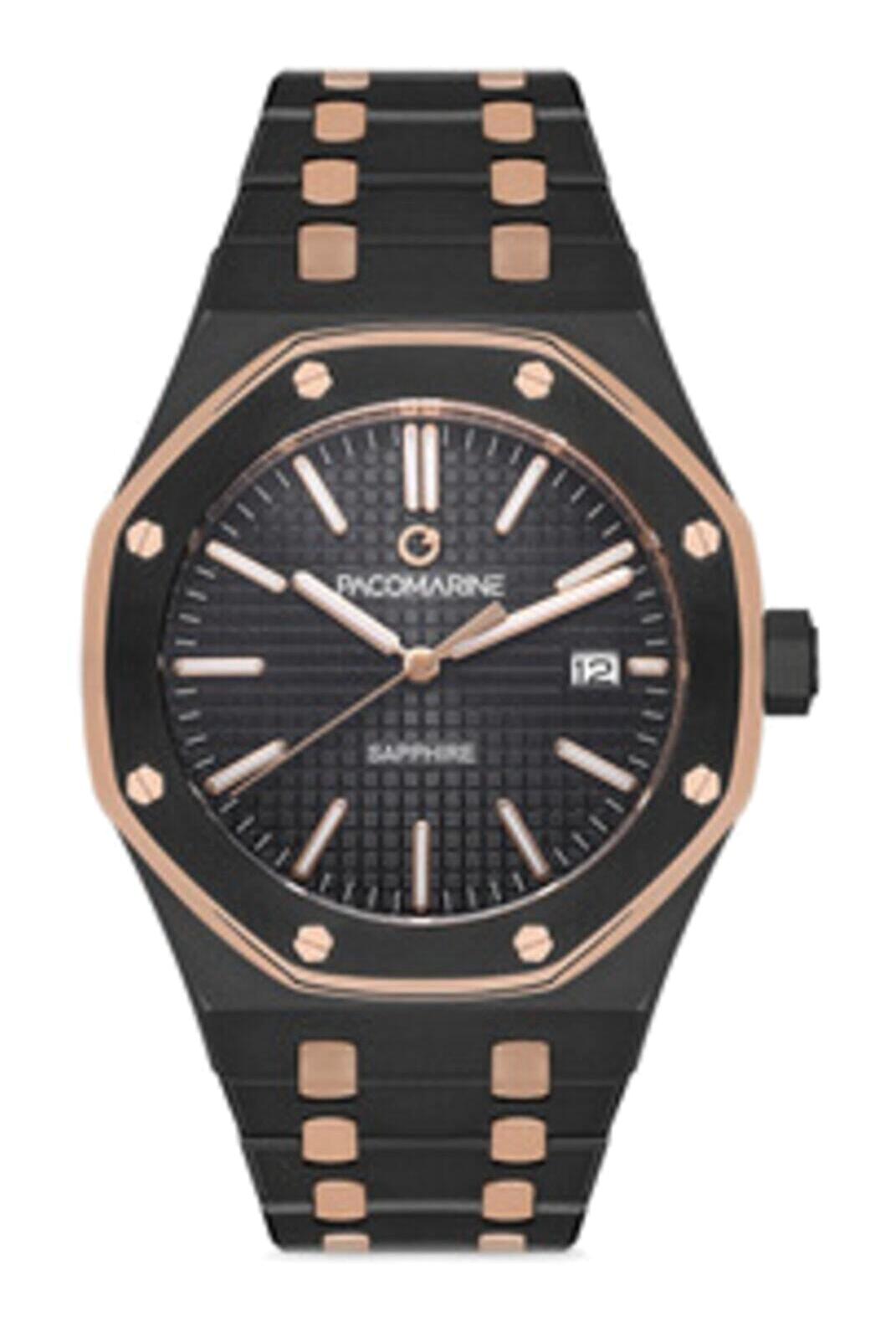 Pacomarine PM.17001.09 Takvimli 42 mm Rose Gold-Siyah Çelik Kordon Analog Erkek Kol Saati