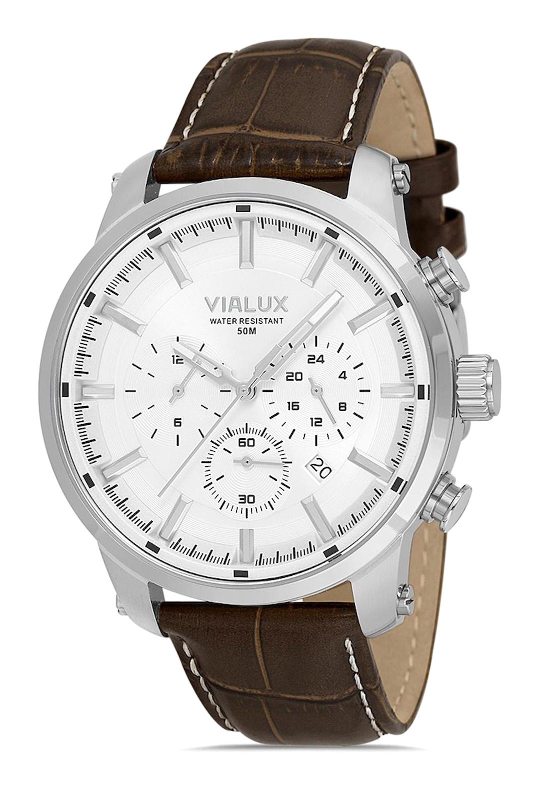 Vialux VX529S-02KS Takvimli 45 mm Kahverengi Deri Kordon Analog Erkek Kol Saati