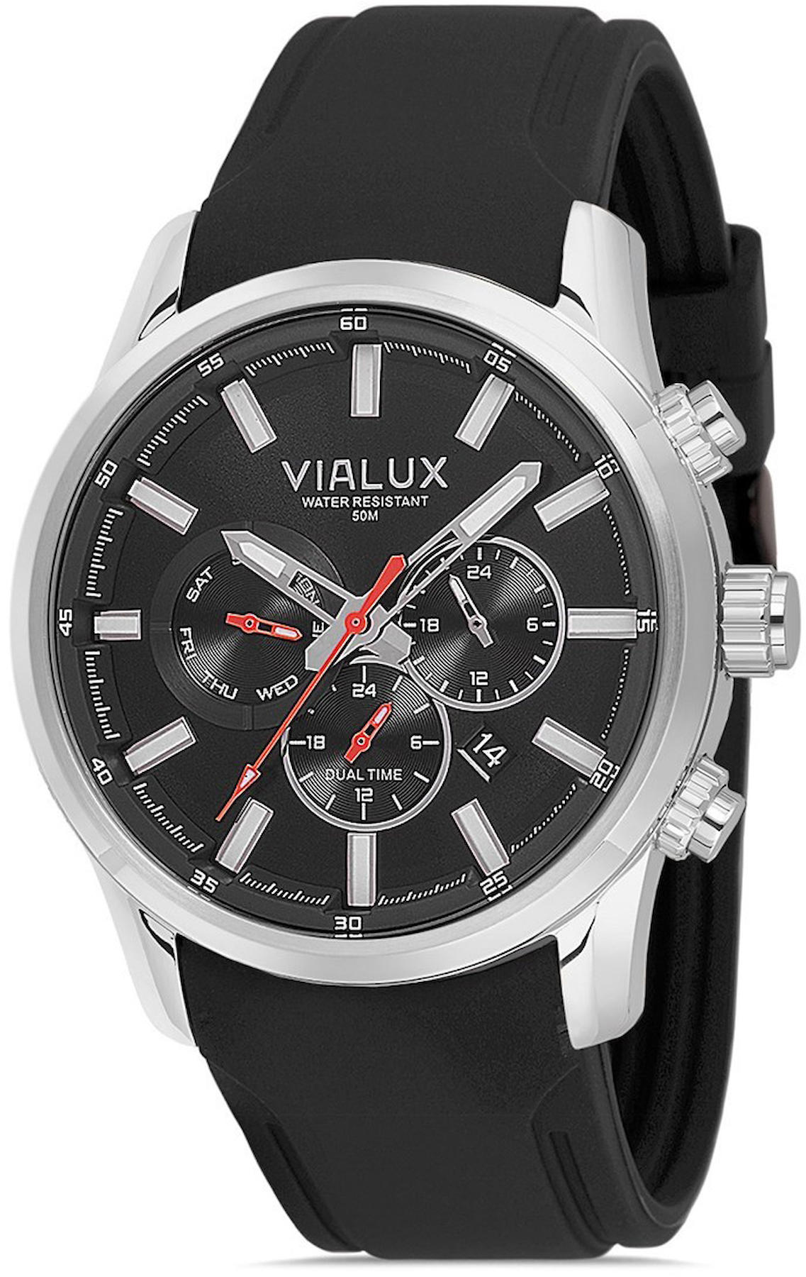 Vialux VX577S-04BB Takvimli 45 mm Siyah Silikon Kordon Analog Kol Saati