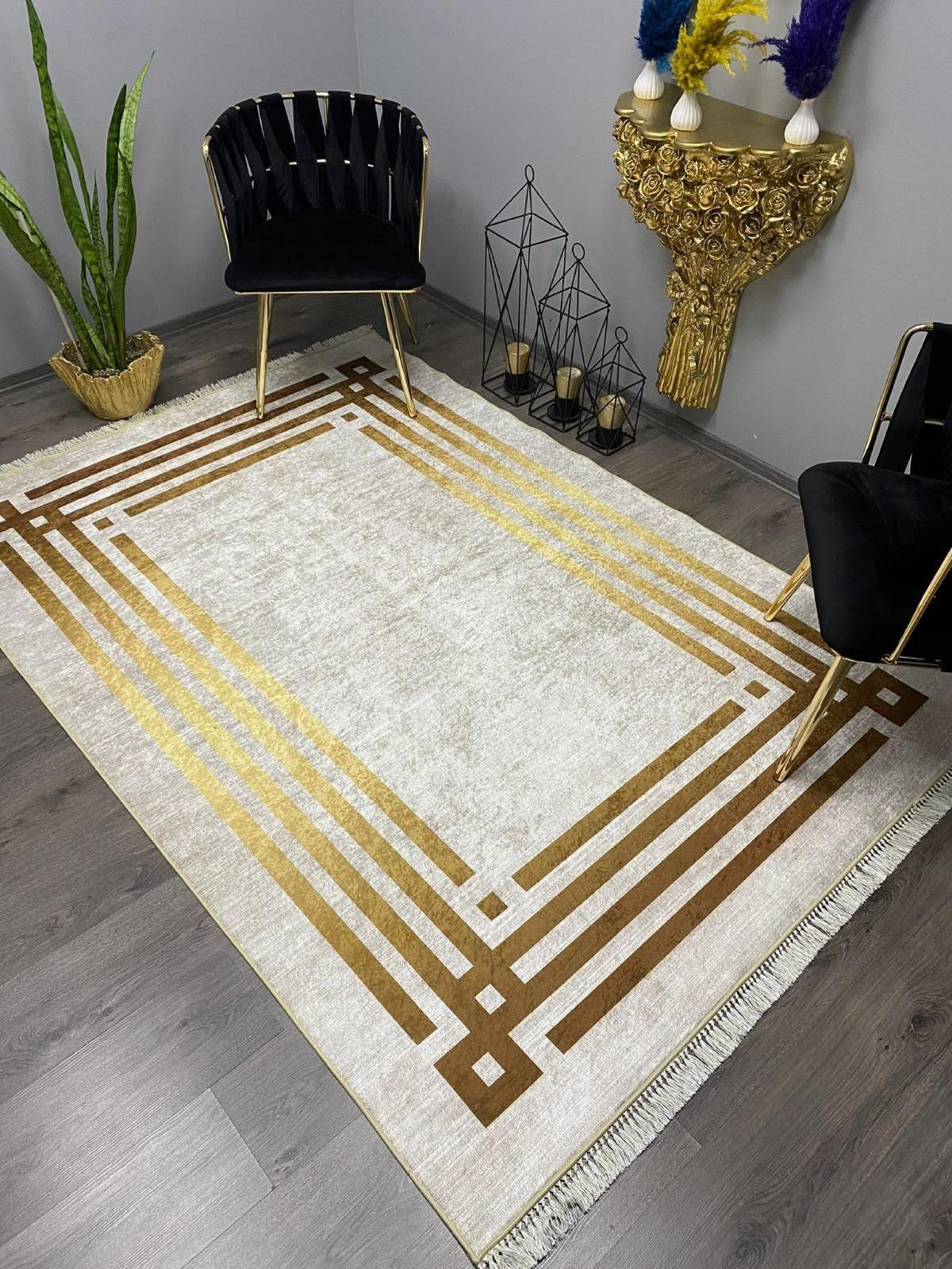 Halı Furyası Altın 8 mm Polyester Antibakteriyel Yıkanabilir İnce Kaymaz Lateks Taban Dikdörtgen Makine Dokuma Salon Halısı 100x150 cm