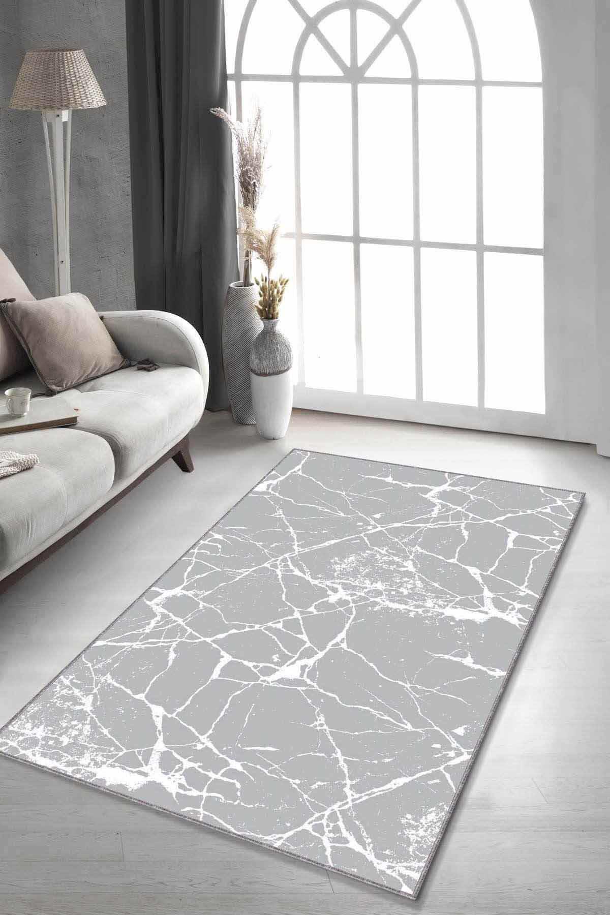 Viva Home AR007 Gri 7 mm Mikropolyester Toz Tutmaz Yıkanabilir İnce Kaymaz Dot Taban Dikdörtgen Makine Dokuma Salon Halısı 100x150 cm