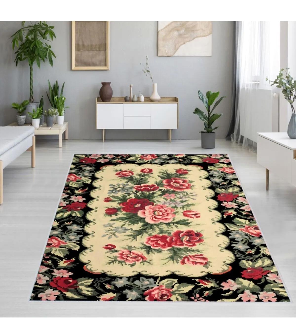 Rovigo Home RVG1277 Çok Renkli 8 mm Polyester Leke Tutmaz-Toz Tutmaz Yıkanabilir İnce Kaymaz Dot Taban Dikdörtgen Makine Dokuma Salon Halısı 140x300 cm