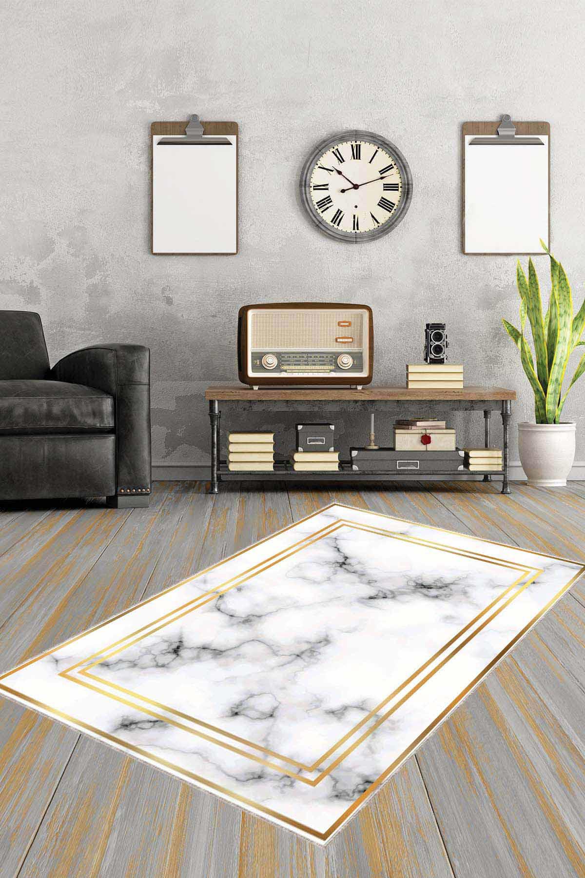 Viva Home AR095 Altın - Krem 7 mm Mikropolyester Leke tutmaz Yıkanabilir İnce Kaymaz Dot Taban Dikdörtgen Makine Dokuma Salon Halısı 240x340 cm