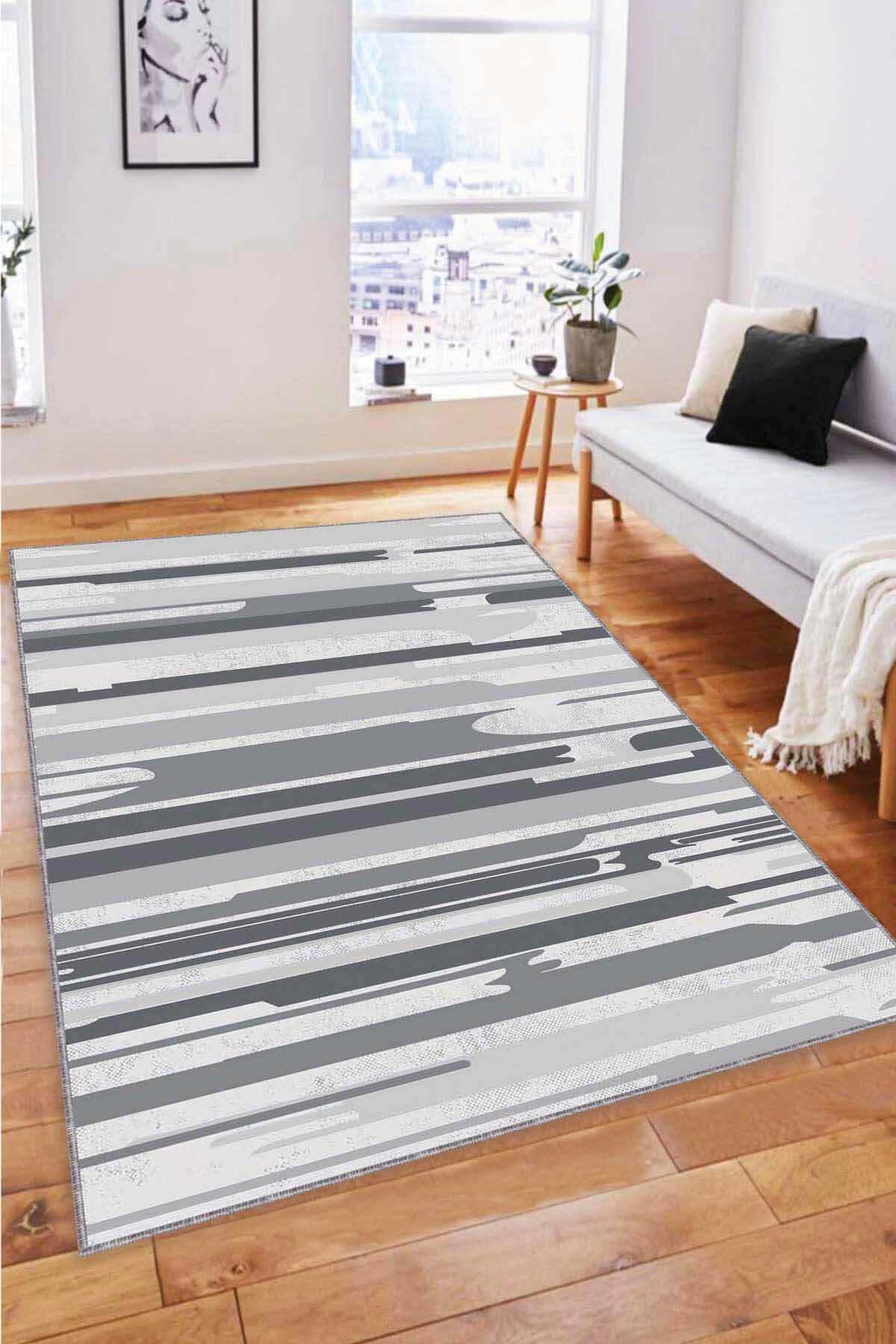 Viva Home FH03 Gri 7 mm Mikropolyester Toz Tutmaz Yıkanabilir İnce Kaymaz Dot Taban Dikdörtgen Makine Dokuma Salon Halısı 160x220 cm