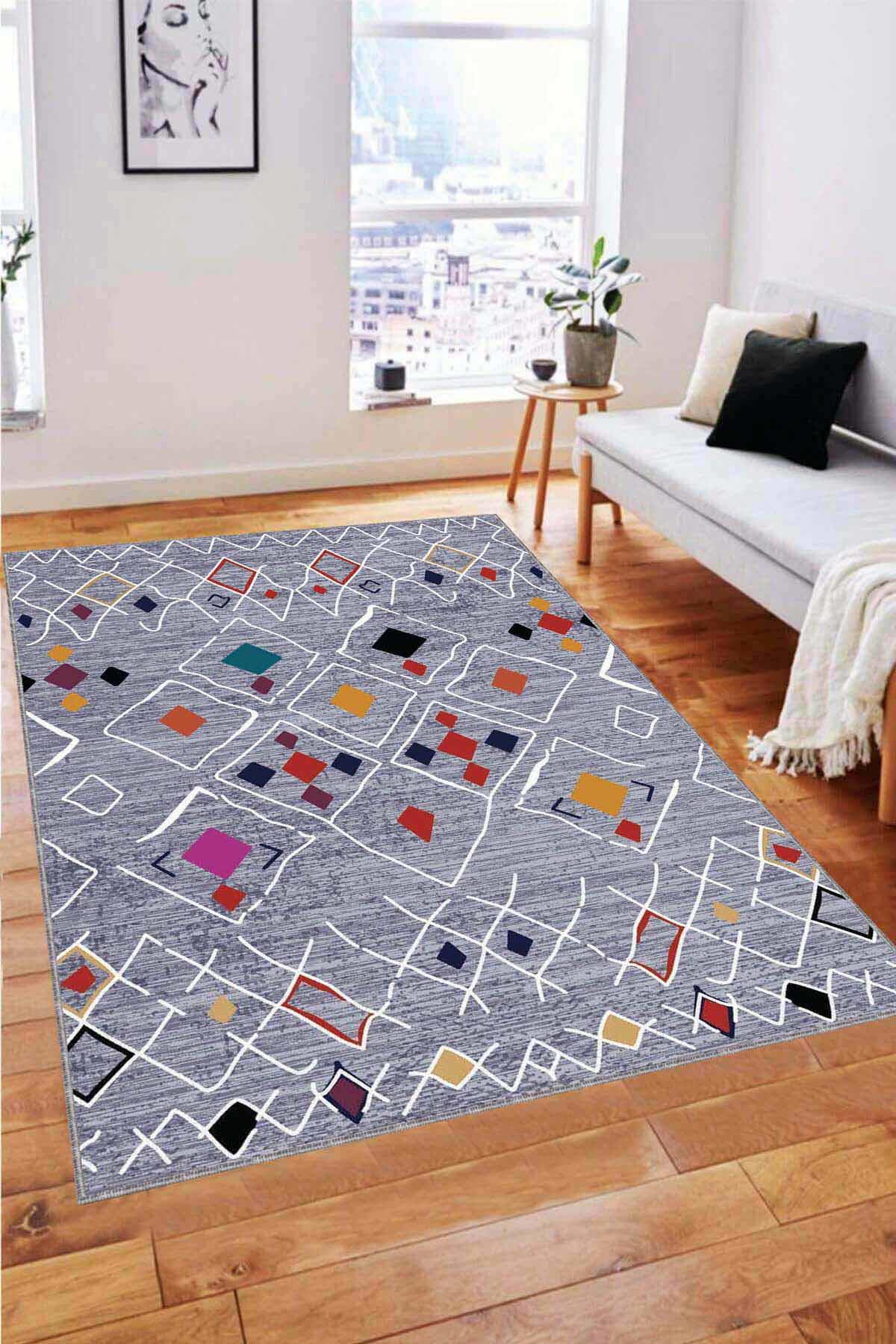 Viva Home AR223 Gri 7 mm Mikropolyester Toz Tutmaz Yıkanabilir İnce Kaymaz Dot Taban Geometrik Dikdörtgen Makine Dokuma Salon Halısı 120x180 cm