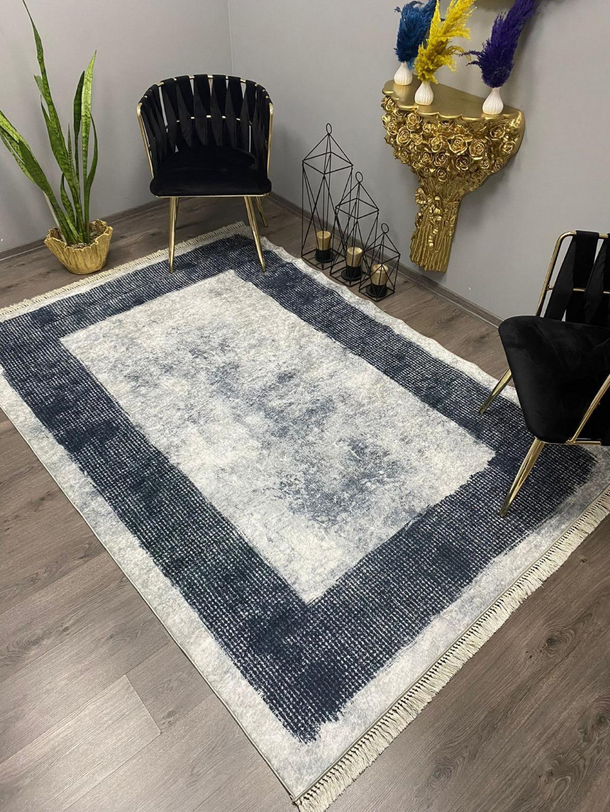 Halı Furyası Krem - Mavi 12 mm Polyester Yıkanabilir Kalın Kaymaz Deri Taban Dikdörtgen Makine Dokuma Salon Halısı 140x200 cm