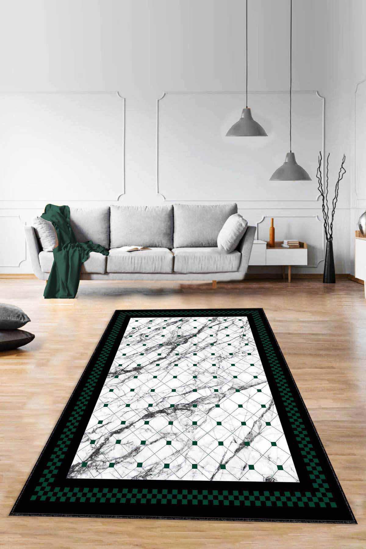 Viva Home RV148 Yeşil 7 mm Mikropolyester Yalıtıma Yardımcı Yıkanabilir İnce Kaymaz Taban Dikdörtgen Makine Dokuma Antre-Salon-Yatak Odası Halısı 160x230 cm