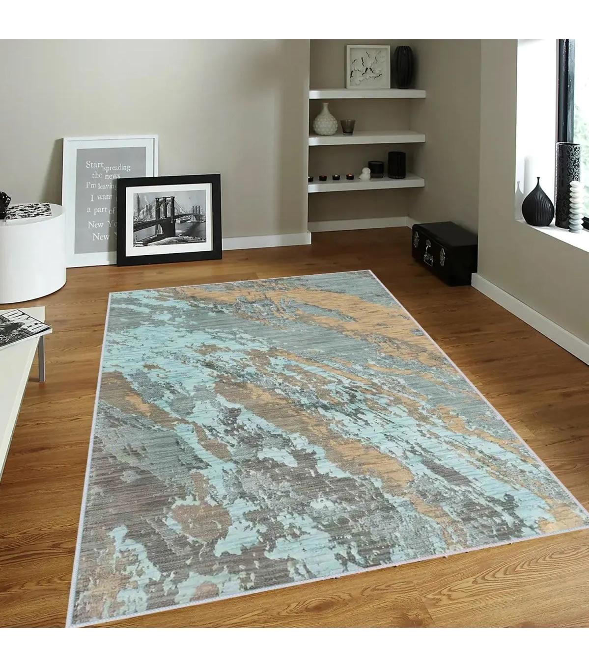 Rovigo Home RVG0376 Çok Renkli 8 mm Polyester Antibakteriyel-Leke Tutmaz-Toz Tutmaz Yıkanabilir İnce Kaymaz Dot Taban Dikdörtgen Makine Dokuma Salon Halısı 120x200 cm