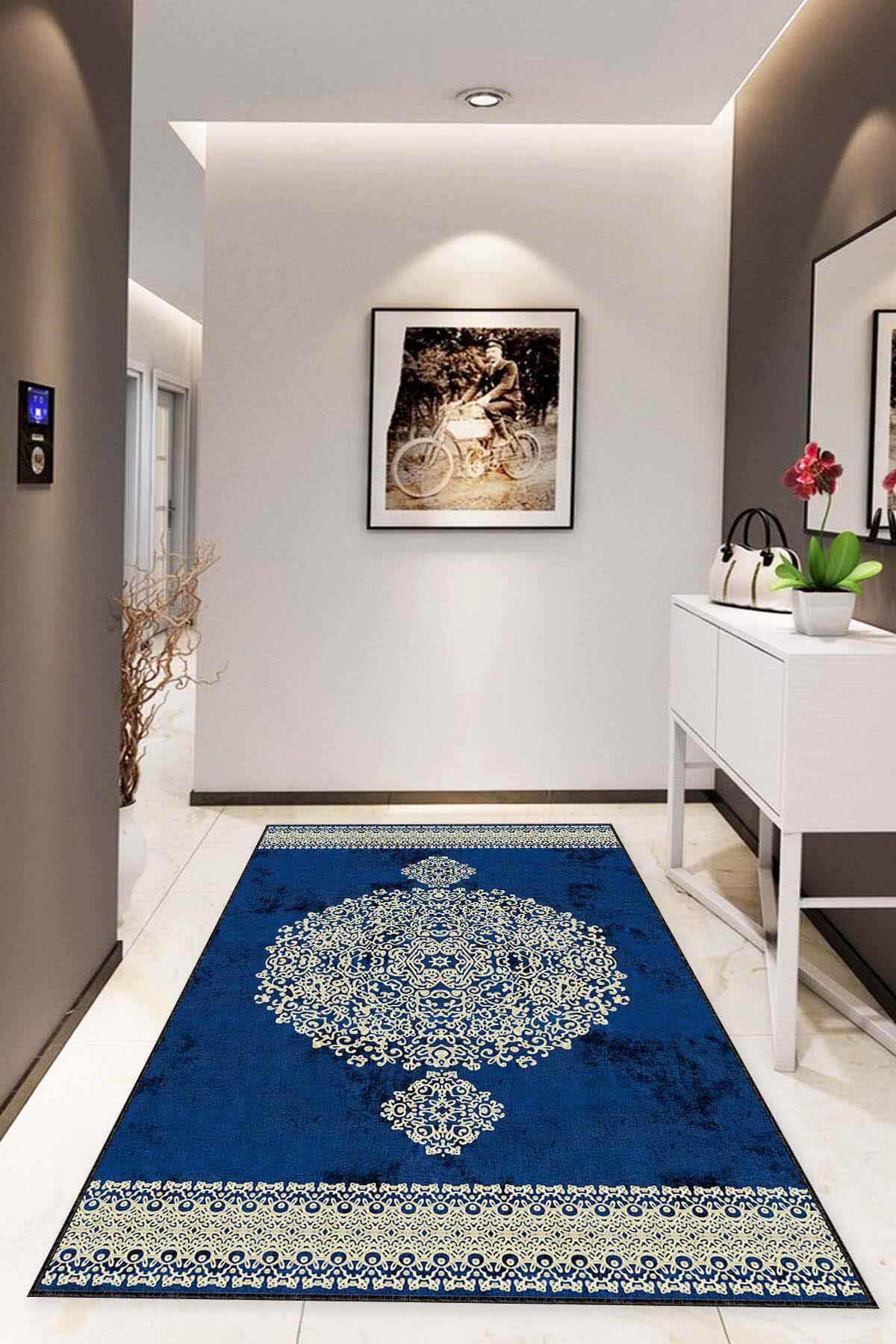 Viva Home MK15 Mavi 7 mm Mikropolyester Leke tutmaz Yıkanabilir İnce Kaymaz Taban Dikdörtgen Makine Dokuma Salon Halısı 120x400 cm