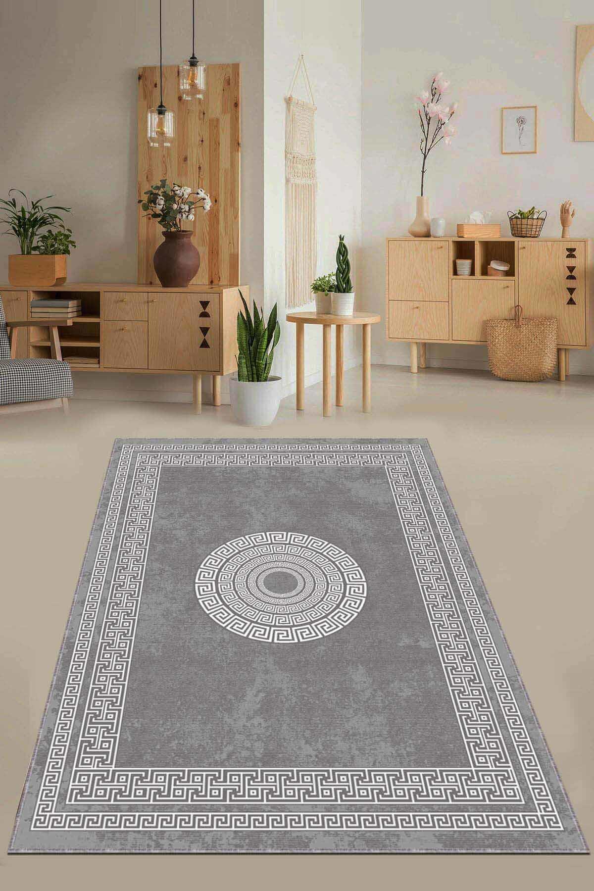 Viva Home AR690 Gri 7 mm Mikropolyester Toz Tutmaz Yıkanabilir İnce Kaymaz Dot Taban Dikdörtgen Makine Dokuma Salon Halısı 80x150 cm