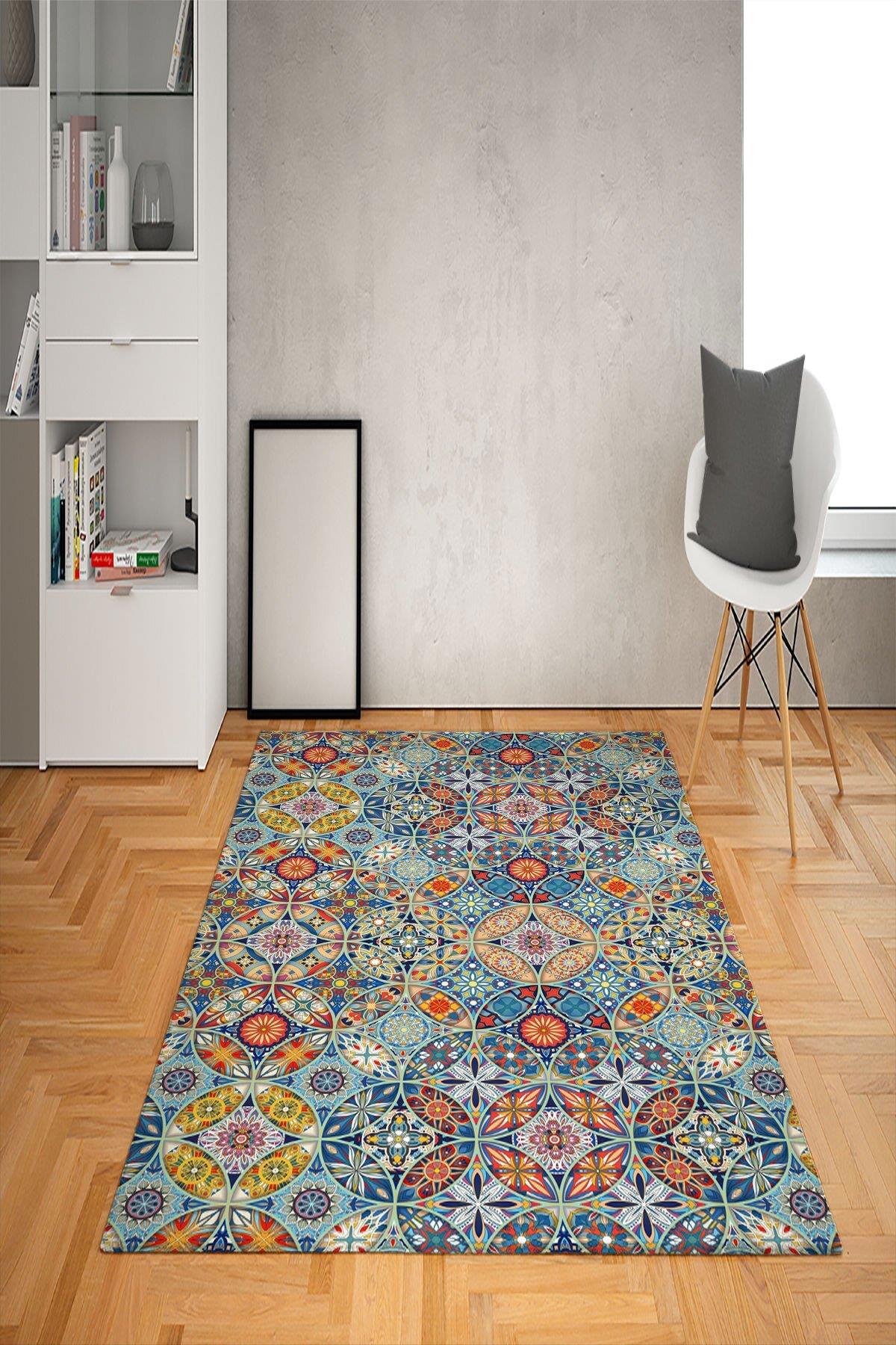 Doruklar Home Collection Krem 0.7 mm Yıkanabilir Kaymaz Taban Geometrik Dikdörtgen Makine Dokuma Halı 80x150 cm