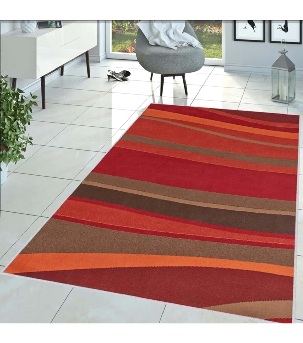 Rovigo Home RVG1435 Çok Renkli 8 mm Polyester Antibakteriyel-Leke Tutmaz-Toz Tutmaz Yıkanabilir İnce Kaymaz Dot Taban Dikdörtgen Makine Dokuma Salon Halısı 130x200 cm