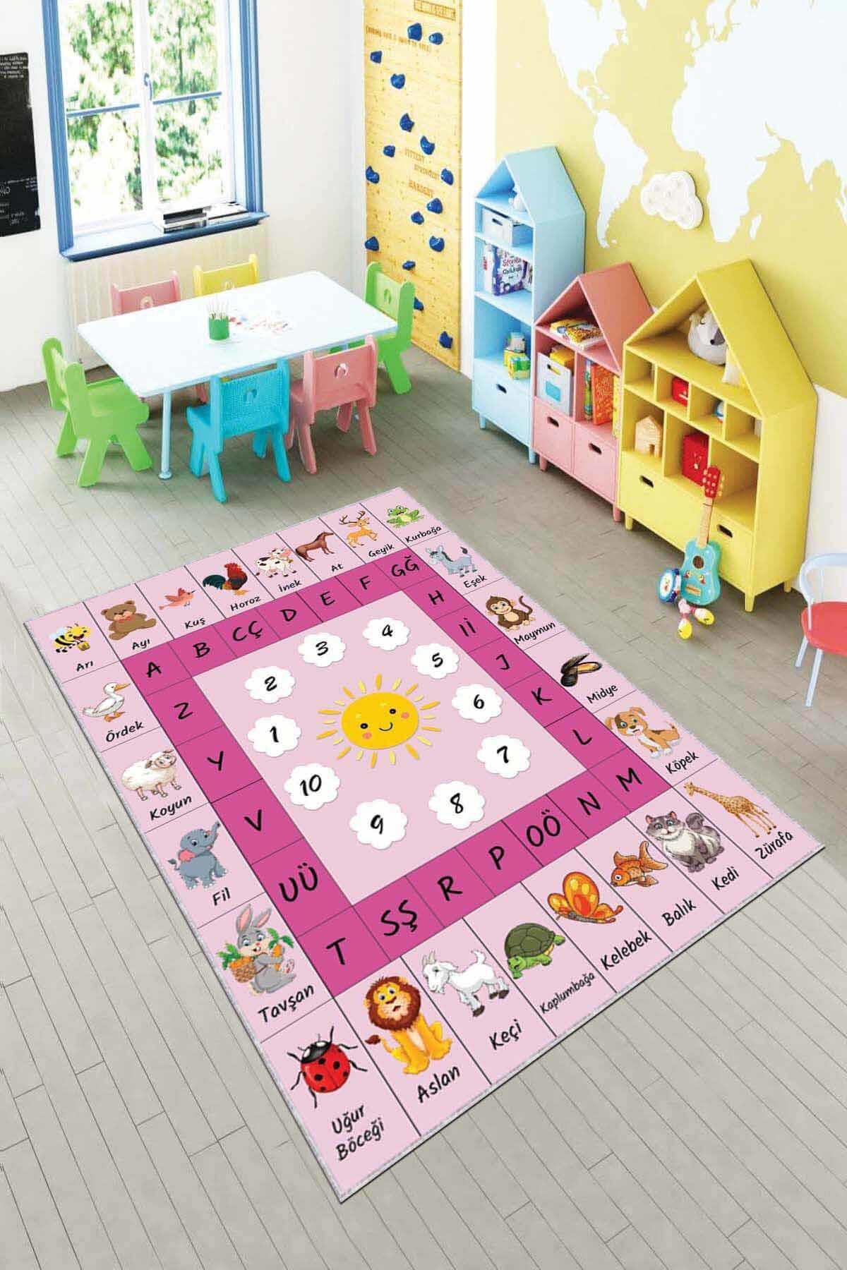 Viva Home AR241 Pembe 7 mm Mikropolyester Leke Tutmaz Yıkanabilir İnce Kaymaz Dot Taban Dikdörtgen Makine Dokuma Çocuk Odası Halısı 120x180 cm