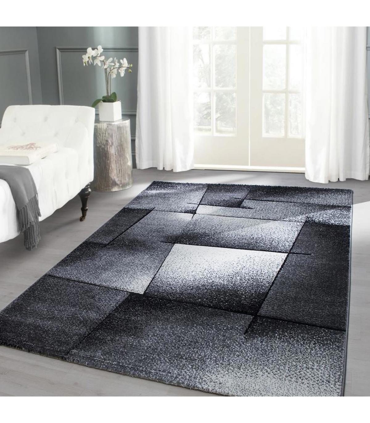 Carpettex Gri-Siyah 13 mm Polipropilen Yalıtıma Yardımcı Yıkanabilir Kalın Kaymaz Jüt Taban Dikdörtgen Makine Dokuma Salon Halısı 160x230 cm