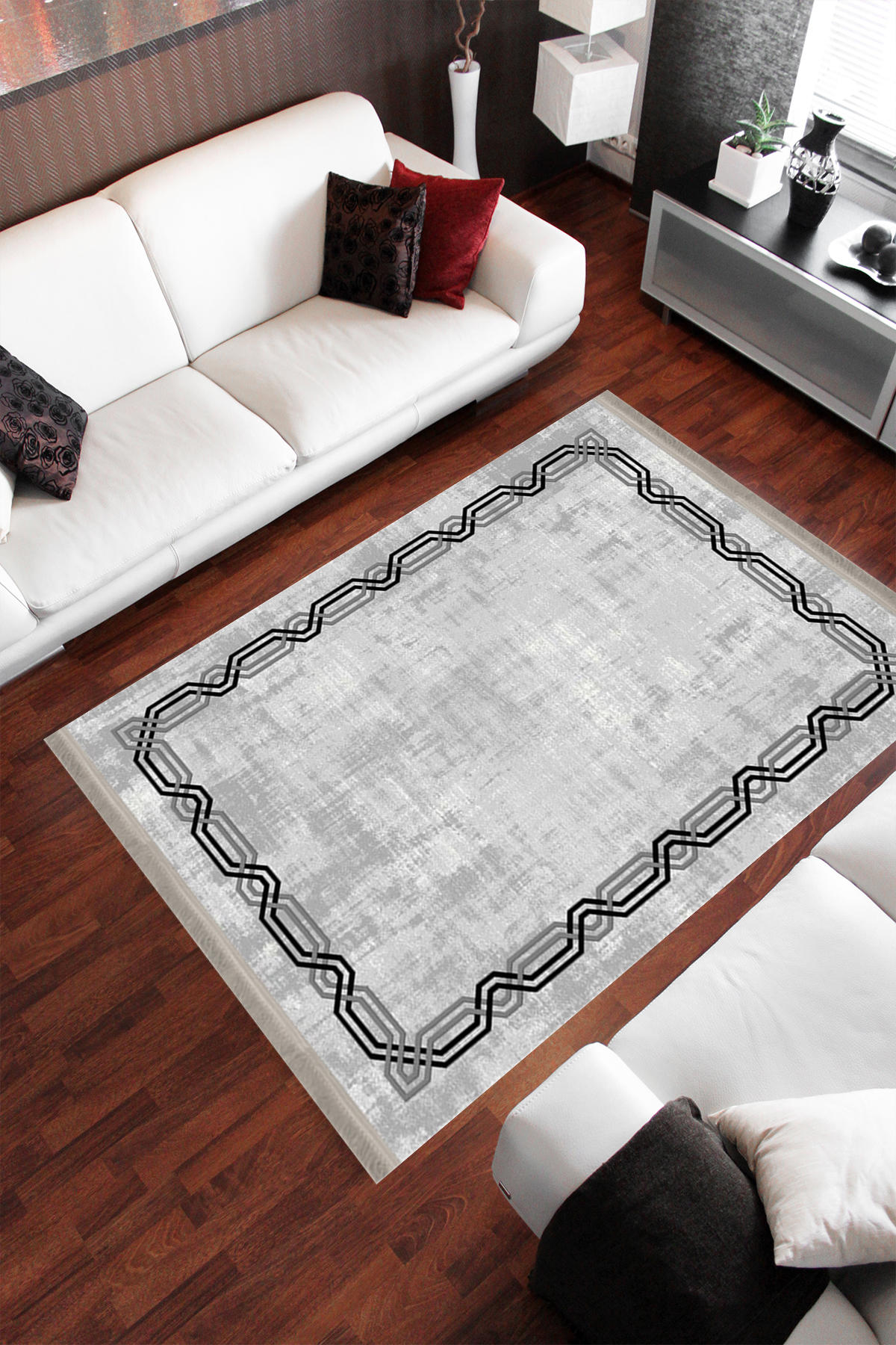 Homier Collection H-MD-0061B Gri-Siyah 7 mm Pamuk Antibakteriyel Yıkanabilir Orta Kaymaz Dot Taban Dikdörtgen Makine Dokuma Salon Halısı 80x200 cm