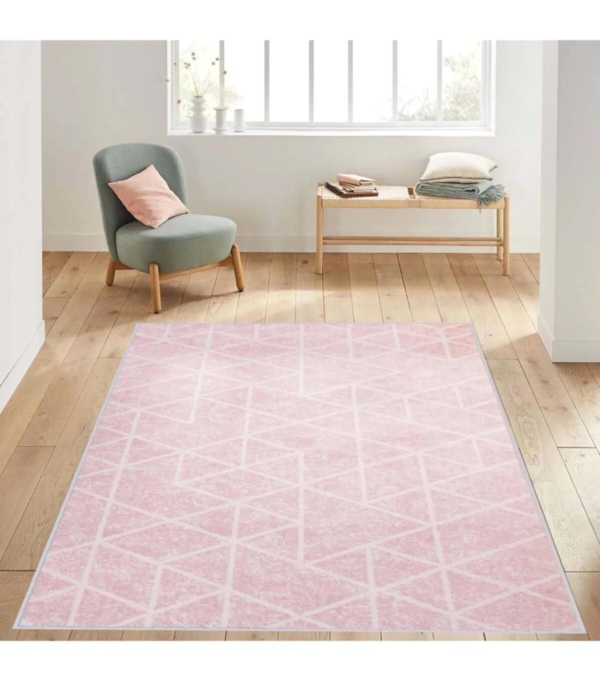 Rovigo Home RVG1426 Pembe 8 mm Polyester Antibakteriyel-Leke Tutmaz-Toz Tutmaz Yıkanabilir İnce Kaymaz Dot Taban Dikdörtgen Makine Dokuma Salon Halısı 100x200 cm