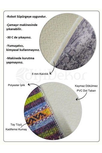 Dijidekor KY7005 Mavi 8 mm Polyester Yıkanabilir Orta Kaymaz Dot Taban Dikdörtgen Makine Dokuma Salon Halısı 100x300 cm