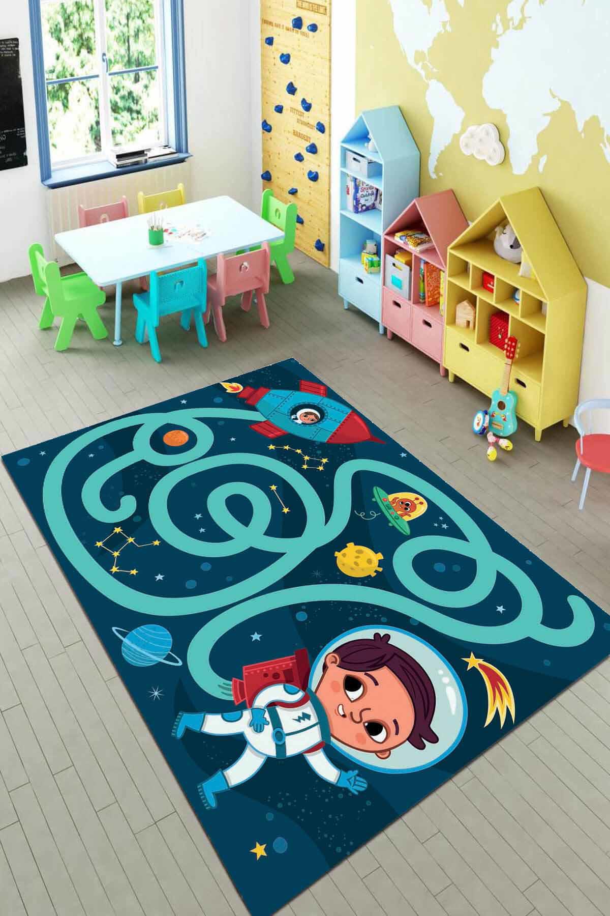 Viva Home KD126 Turkuaz 7 mm Mikropolyester Koku Yapmaz-Leke Tutmaz-Toz Tutmaz Yıkanabilir İnce Kaymaz Dot Taban Dikdörtgen Makine Dokuma Çocuk Odası Halısı 120x200 cm