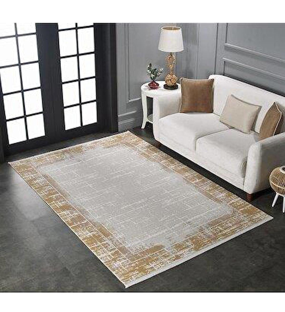 Gümüşsuyu Viera 11607 Sarı 6 mm Akrilik Antibakteriyel Yıkanabilir İnce Kaymaz Pamuk Taban Dikdörtgen Makine Dokuma Salon Halısı 120x180 cm