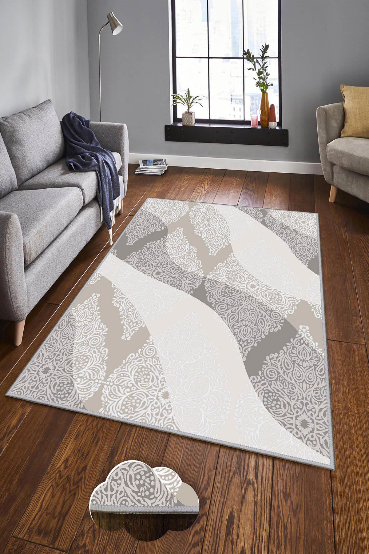 Homefesto Krem 5 mm Polyester Antibakteriyel Yıkanabilir Kaymaz Dot Taban Dikdörtgen Makine Dokuma Salon Halısı 120x180 cm