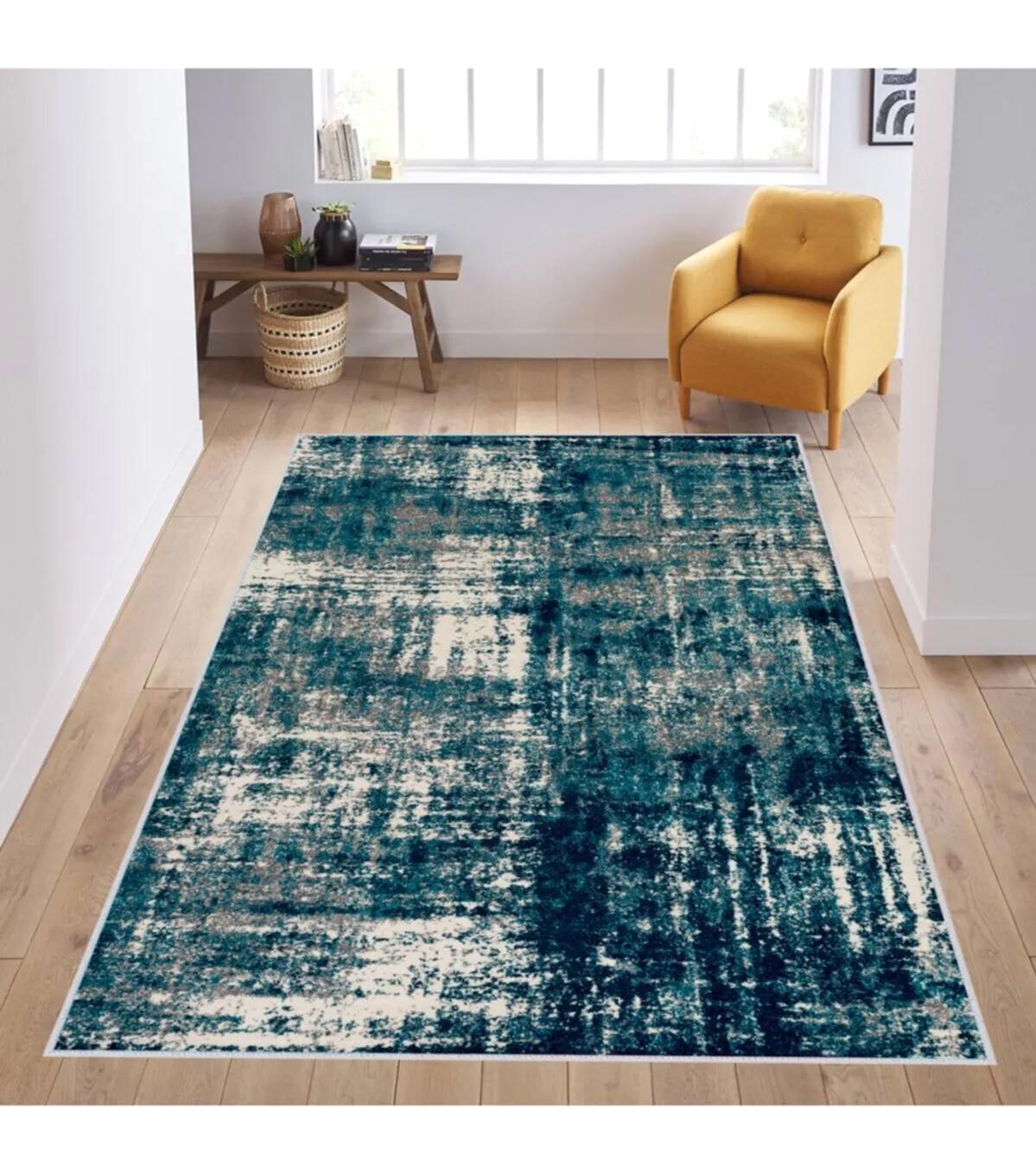 Rovigo Home RVG1160 Beyaz-Mavi 8 mm Polyester Antibakteriyel-Leke Tutmaz-Toz Tutmaz Yıkanabilir İnce Kaymaz Dot Taban Dikdörtgen Makine Dokuma Salon Halısı 180x180 cm