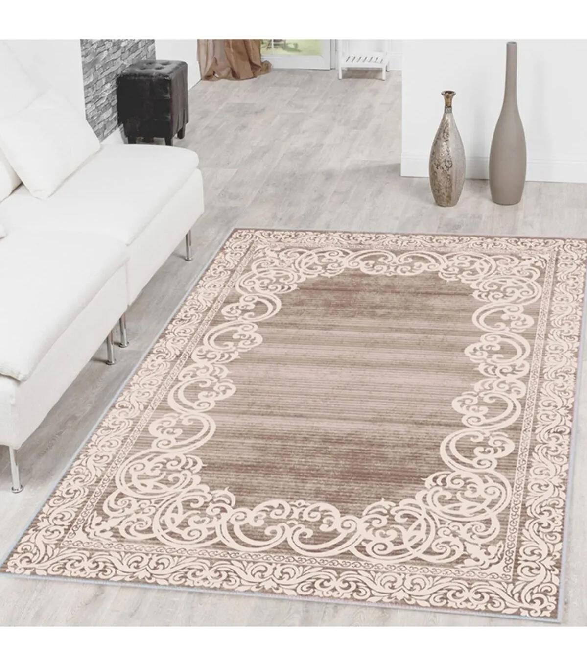 Rovigo Home RVG1485 Bej-Kahverengi 8 mm Polyester Antibakteriyel-Leke Tutmaz-Toz Tutmaz Yıkanabilir İnce Kaymaz Dot Taban Dikdörtgen Makine Dokuma Salon Halısı 100x200 cm