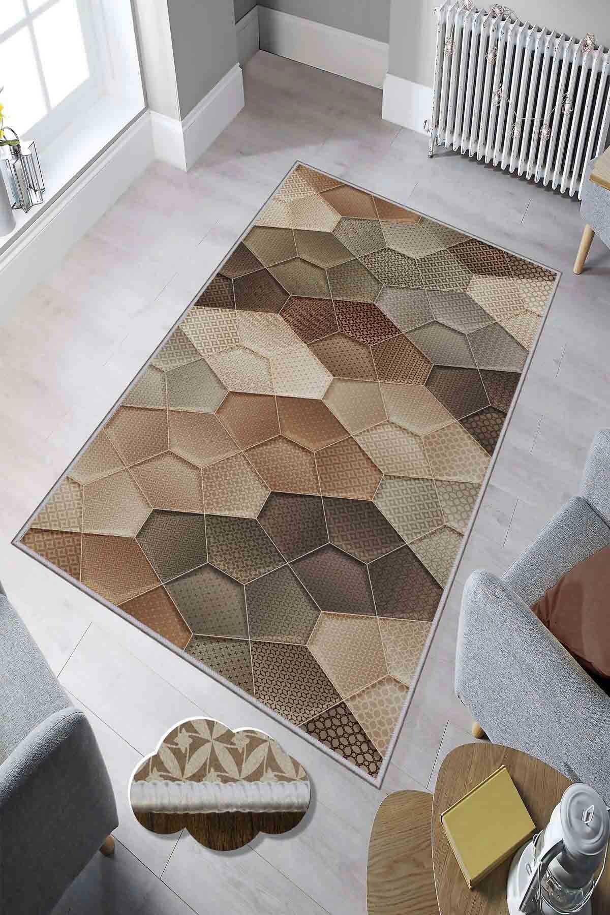 Homefesto Krem 5 mm Polyester Leke Tutmaz Yıkanabilir İnce Kaymaz Taban Geometrik Dikdörtgen Makine Dokuma Salon Halısı 80x140 cm