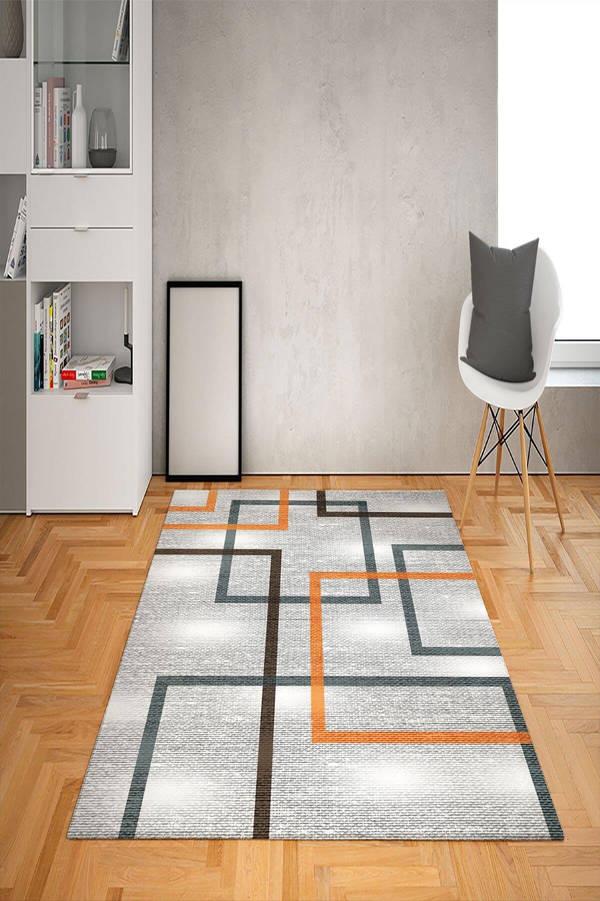 Doruklar Home Collection Krem 0.7 mm Polyester Antibakteriyel Yıkanabilir Kalın Kaymaz Taban Geometrik Dikdörtgen Makine Dokuma Salon Halısı 200x290 cm