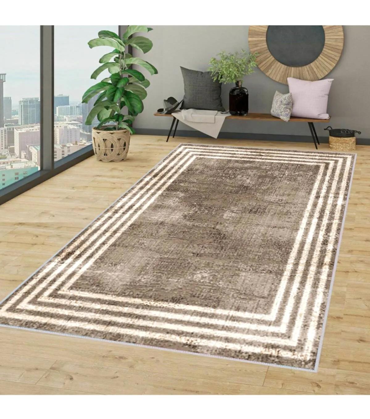 Rovigo Home RVG1357-HT487 Bej-Kahverengi 8 mm Polyester Leke Tutmaz-Toz Tutmaz Yıkanabilir İnce Kaymaz Dot Taban Dikdörtgen Makine Dokuma Salon Halısı 100x200 cm