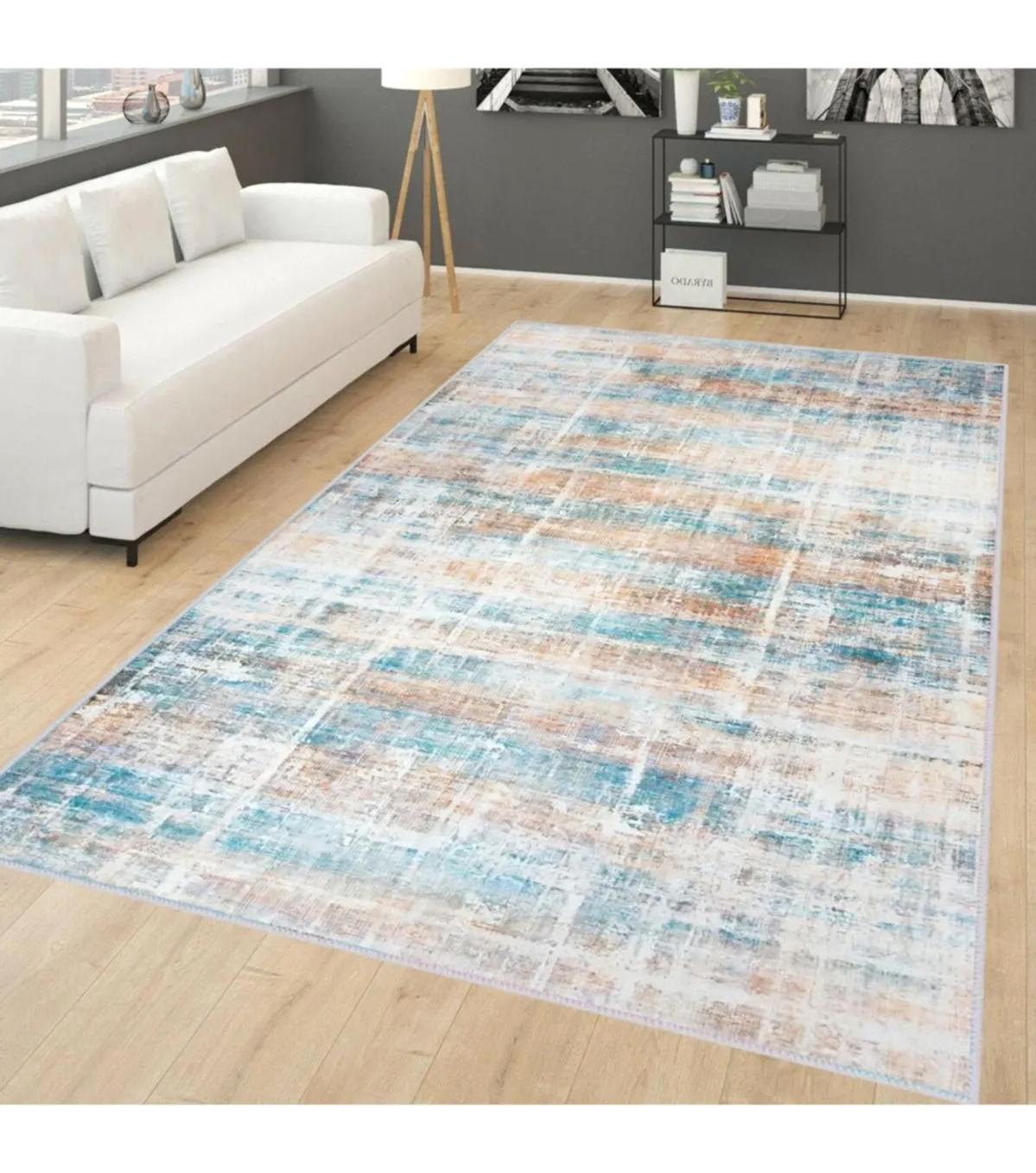 Rovigo Home RVG1769 Beyaz-Mavi 8 mm Polyester Antibakteriyel-Leke Tutmaz-Toz Tutmaz Yıkanabilir İnce Kaymaz Dot Taban Dikdörtgen Makine Dokuma Salon Halısı 100x150 cm