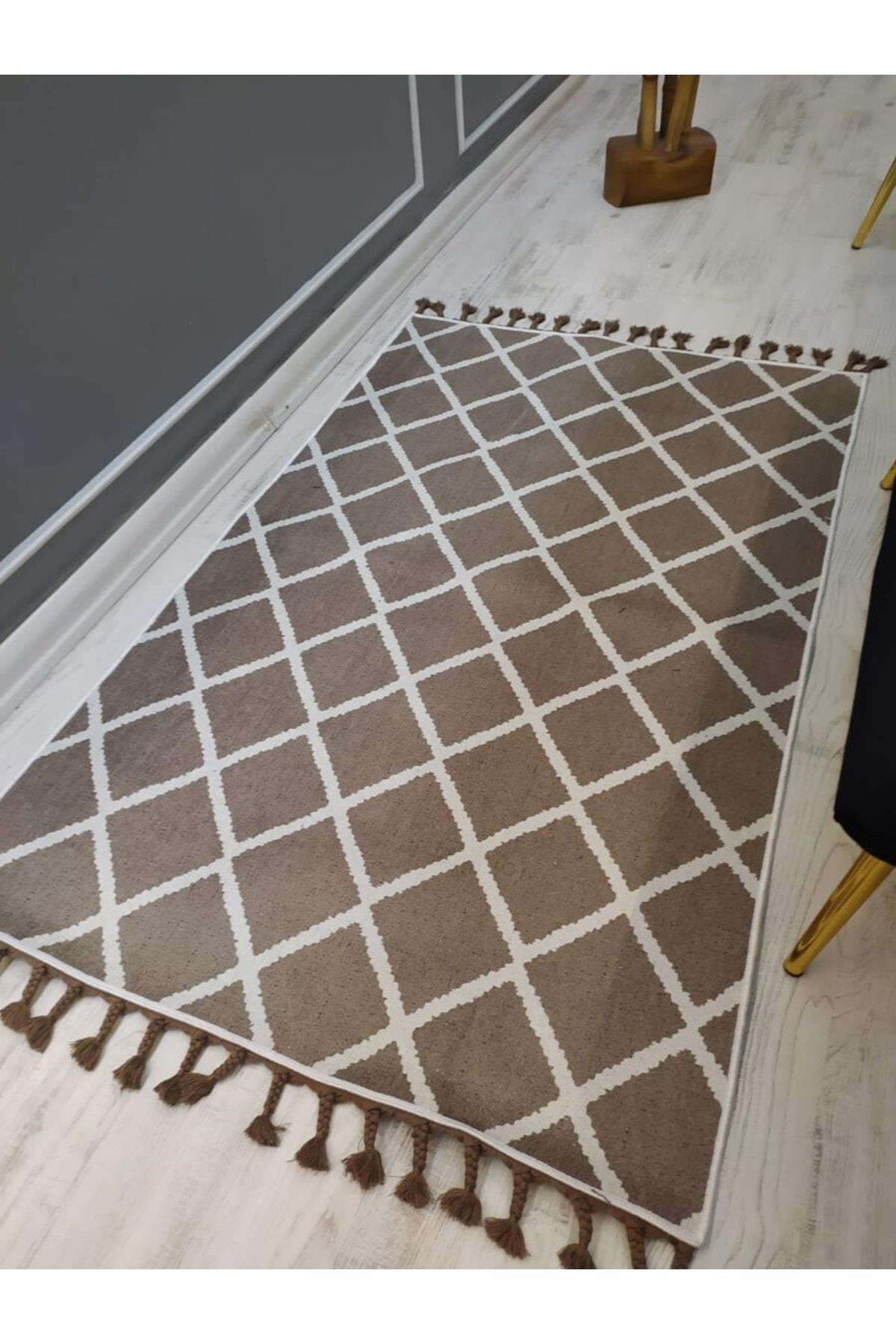 Doruklar Home Collection Kahverengi 0.7 mm Yıkanabilir İnce Kaymaz Taban Geometrik Dikdörtgen Makine Dokuma Salon Halısı 150x150 cm