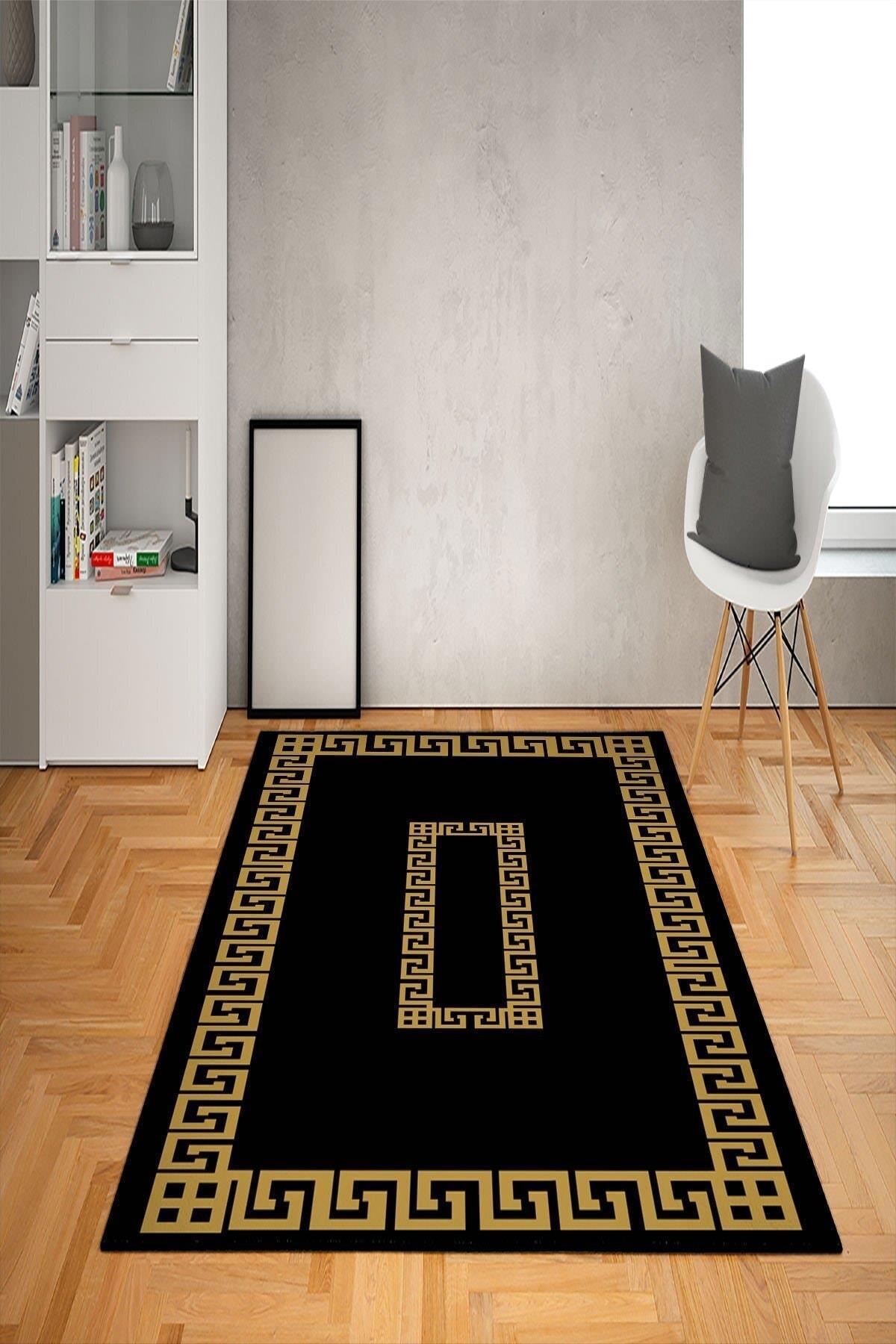 Doruklar Home Collection Altın-Siyah 0.7 mm Antibakteriyel Yıkanabilir Kalın Kaymaz Taban Dikdörtgen Makine Dokuma Çocuk Odası Halısı 80x150 cm