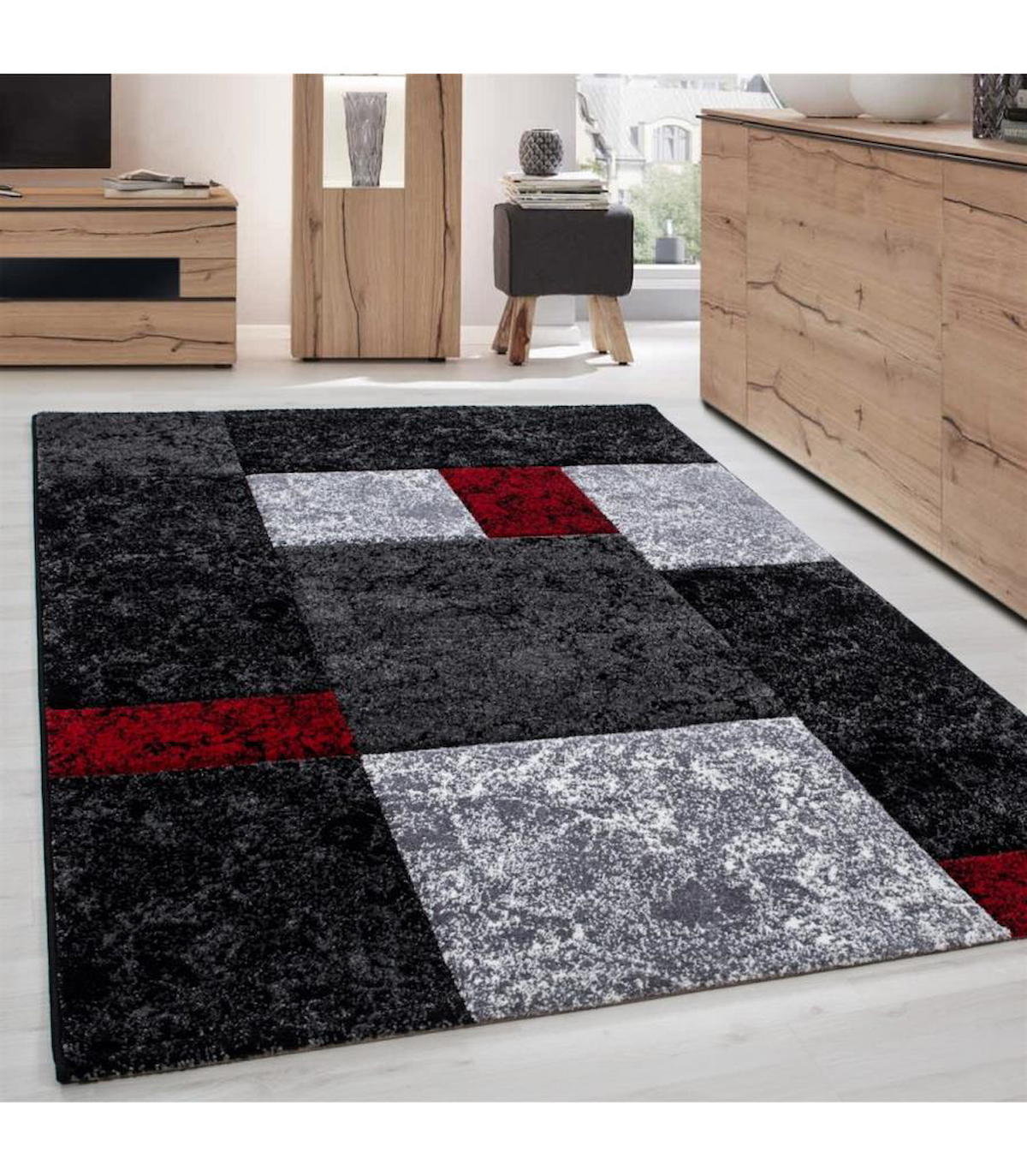 Carpettex Gri - Kırmızı 13 mm Polipropilen Yalıtıma Yardımcı Yıkanabilir Kalın Kaymaz Dikdörtgen Makine Dokuma Salon Halısı 80x300 cm