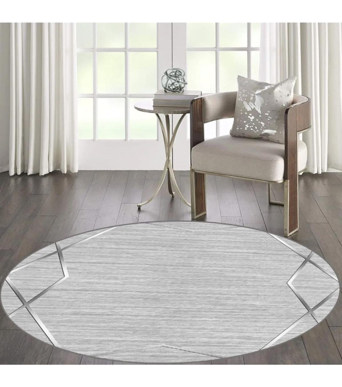 Rovigo Home RVG7114 Gri 8 mm Polyester Antibakteriyel-Leke Tutmaz-Toz Tutmaz Yıkanabilir İnce Kaymaz Dot Taban Yuvarlak Makine Dokuma Salon Halısı 200x300 cm