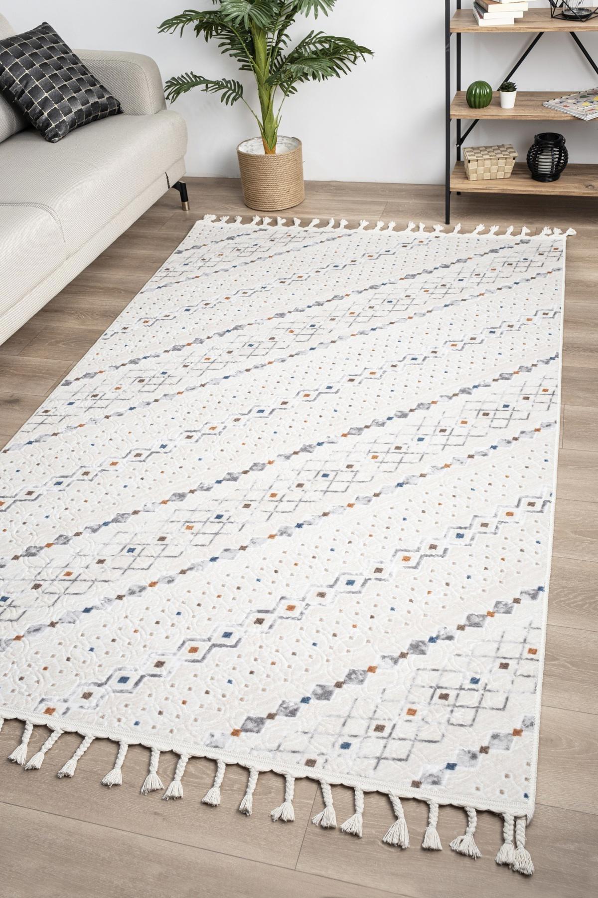 Valery Home 8004 Krem 12 mm Polipropilen Antibakteriyel Yıkanabilir Orta Kaymaz Dot Taban Dikdörtgen Makine Dokuma Salon Halısı 100x200 cm