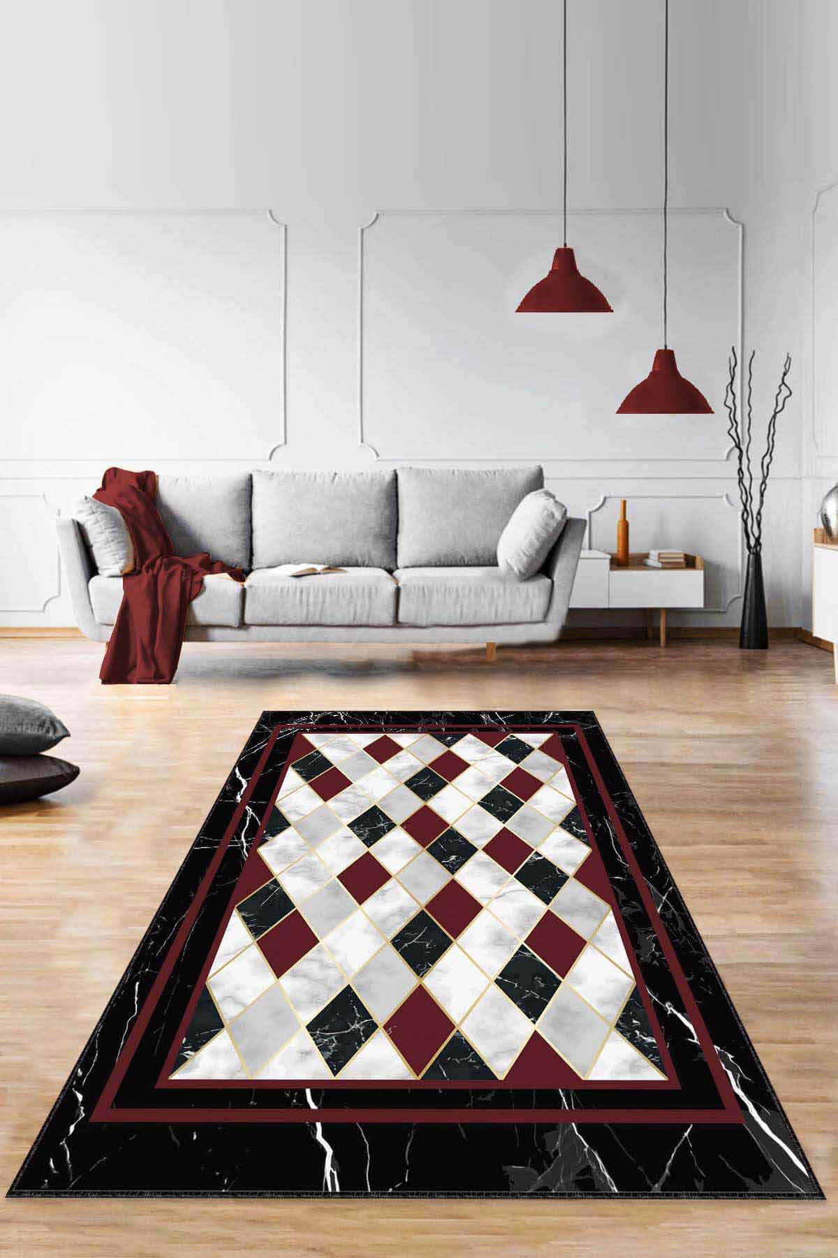 Viva Home RV143 Bordo 7 mm Mikropolyester Leke Tutmaz-Toz Tutmaz Yıkanabilir Orta Kaymaz Dot Taban Dikdörtgen Makine Dokuma Salon Halısı 100x200 cm