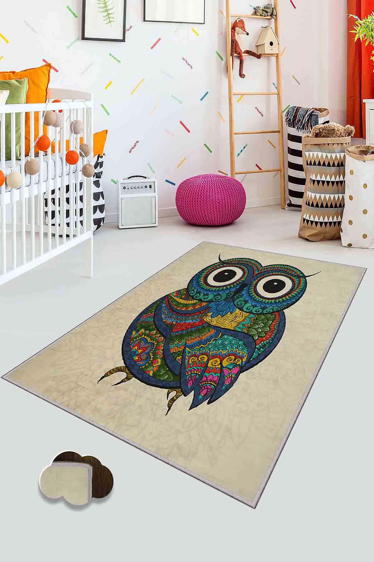 Homefesto Krem 5 mm Polyester Leke Tutmaz Yıkanabilir İnce Kaymaz Taban Hayvan Desenli Dikdörtgen Makine Dokuma Çocuk Odası Halısı 80x150 cm