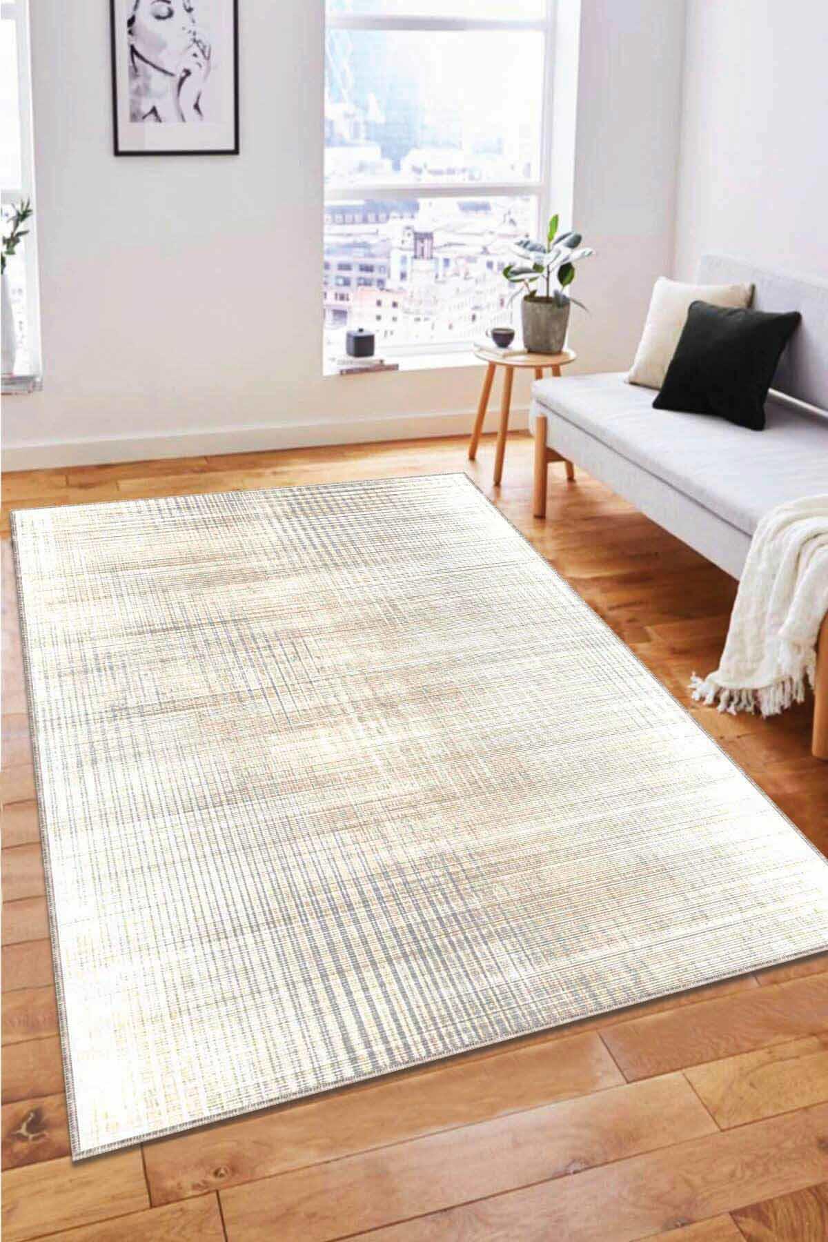 Viva Home AR119 Bej 7 mm Mikropolyester Leke Tutmaz Yıkanabilir İnce Kaymaz Dot Taban Dikdörtgen Makine Dokuma Salon Halısı 100x300 cm