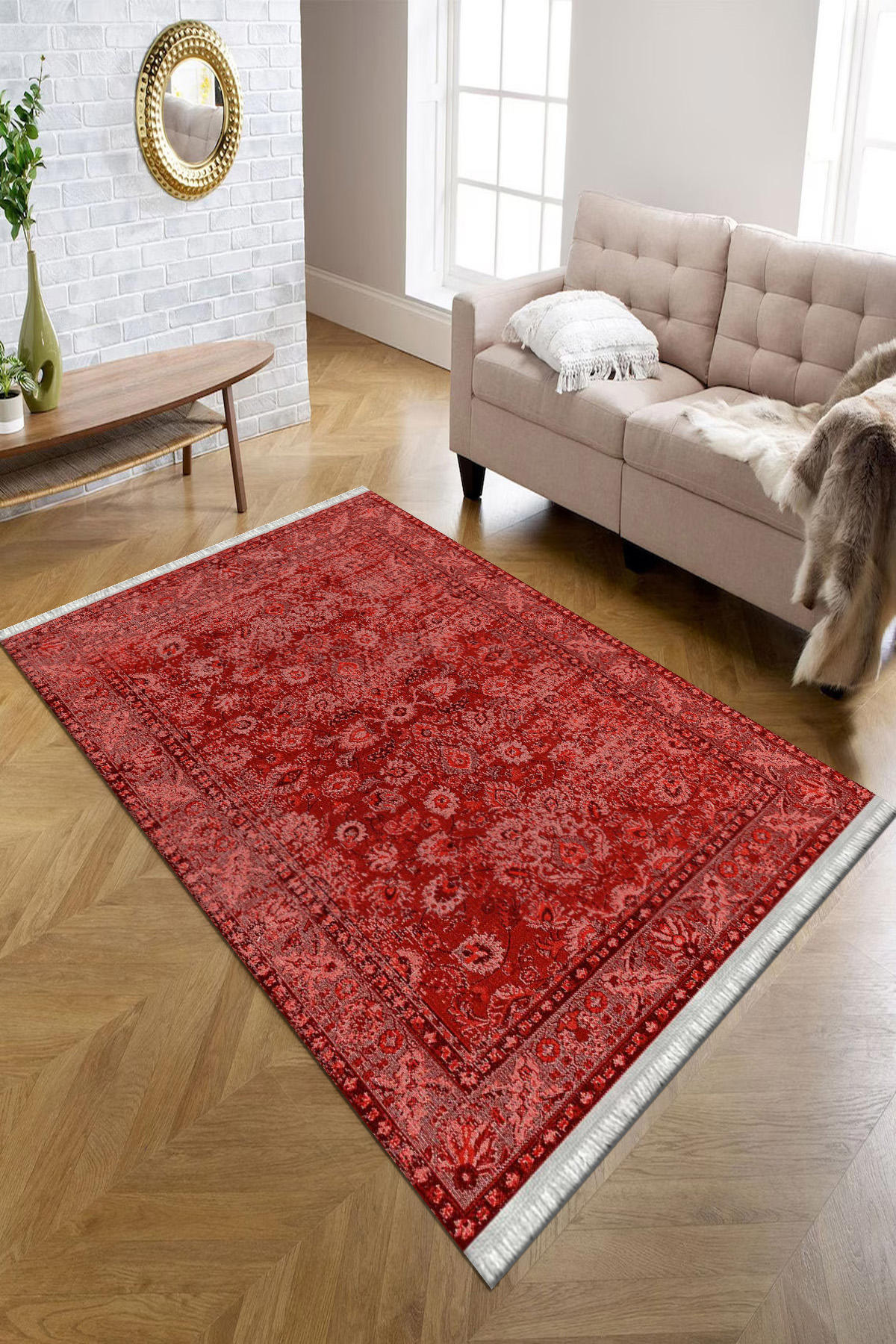 Kreatif Halı Kırmızı 4 mm Polyester Antibakteriyel Yıkanabilir İnce Kaymaz Dot Taban Çiçek Desenli Dikdörtgen Makine Dokuma Salon Halısı 160x230 cm