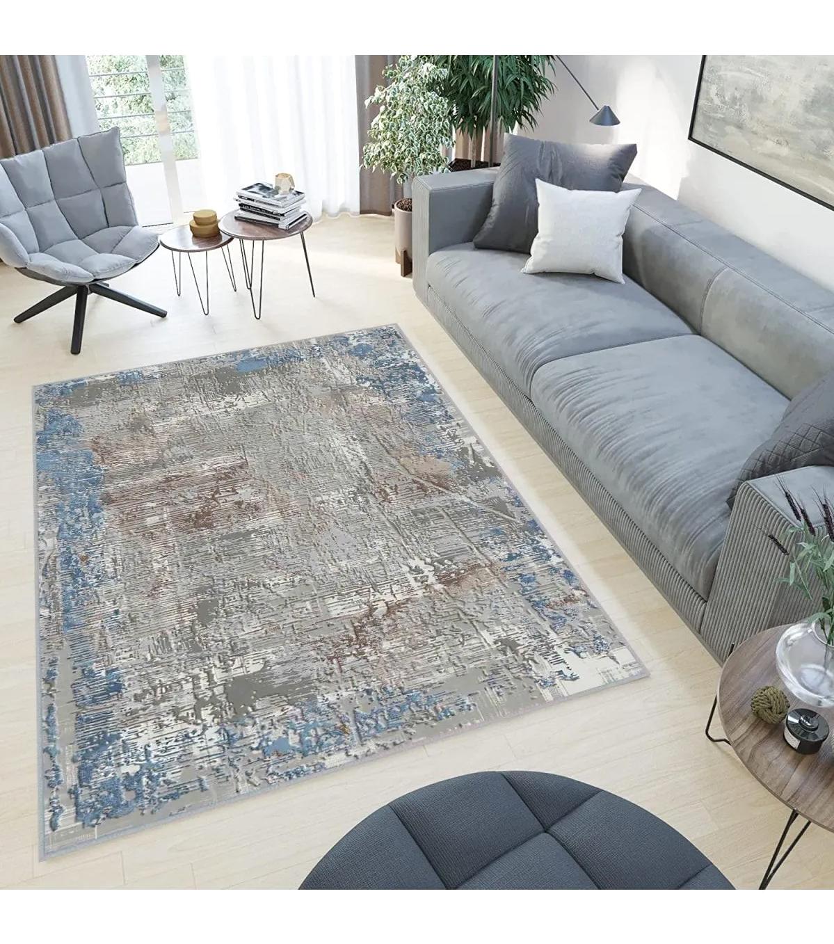 Rovigo Home RVG0502 Mavi - Vizon 8 mm Polyester Antibakteriyel-Leke Tutmaz-Toz Tutmaz Yıkanabilir İnce Kaymaz Dot Taban Dikdörtgen Makine Dokuma Salon Halısı 170x240 cm