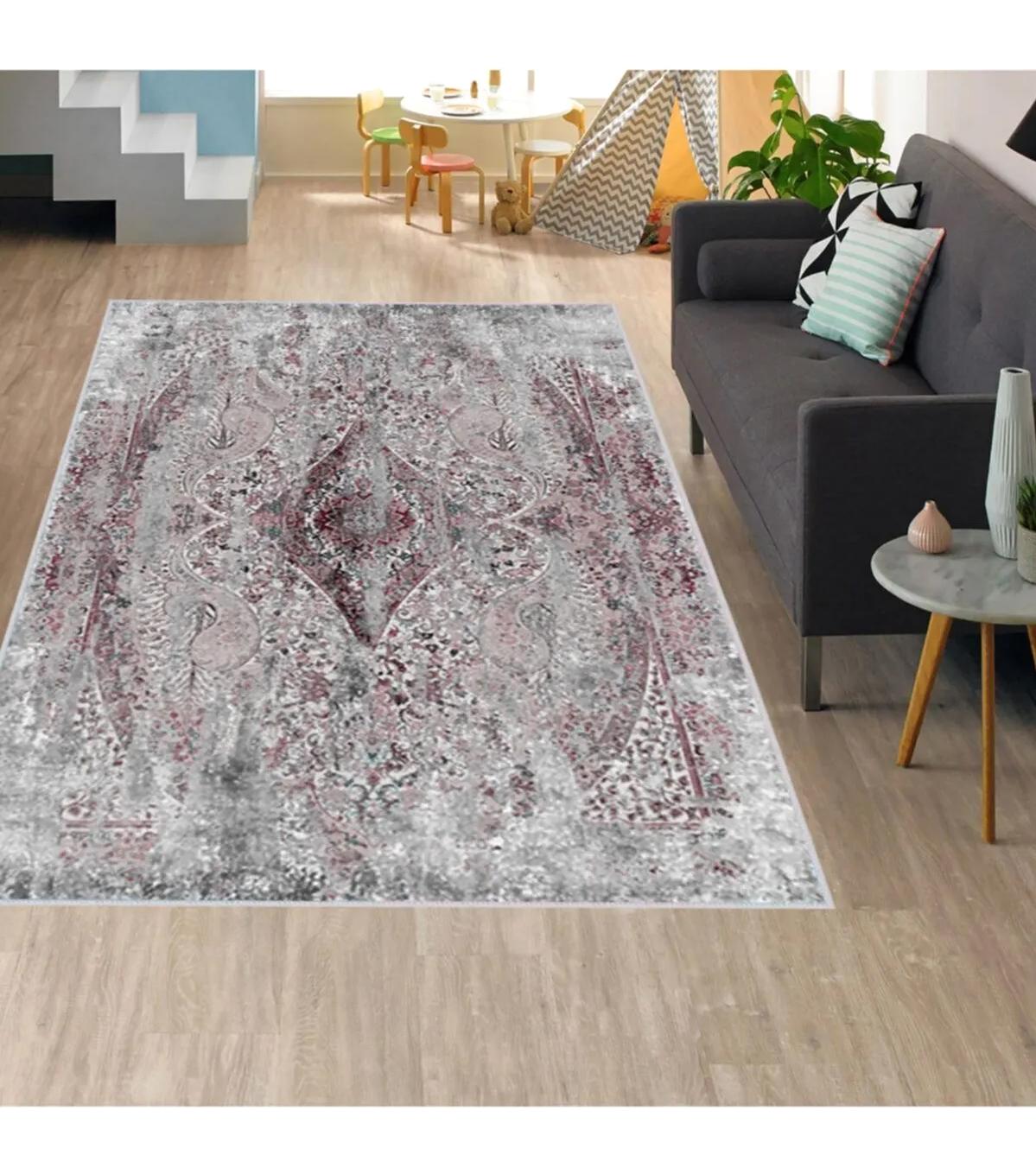 Rovigo Home RVG1638-HT935 Gri 8 mm Polyester Antibakteriyel-Leke Tutmaz-Toz Tutmaz Yıkanabilir İnce Kaymaz Dot Taban Dikdörtgen Makine Dokuma Salon Halısı 160x230 cm