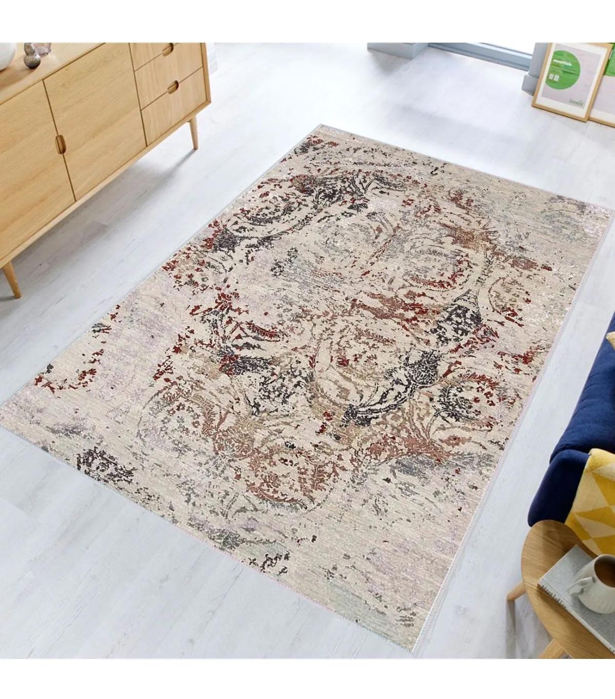 Rovigo Home RVG0361 Krem 8 mm Polyester Leke Tutmaz-Toz Tutmaz Yıkanabilir İnce Kaymaz Dot Taban Dikdörtgen Makine Dokuma Salon Halısı 120x180 cm