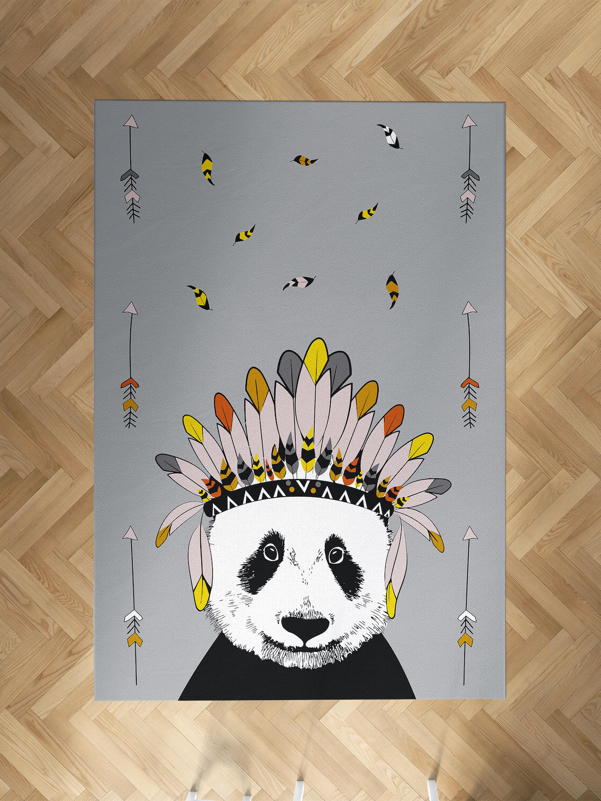 Mekta Home Kızılderili-Panda Krem 10 mm Antibakteriyel Yıkanabilir İnce Kaymaz Dot Taban Dikdörtgen Makine Dokuma Çocuk Odası Halısı 120x180 cm