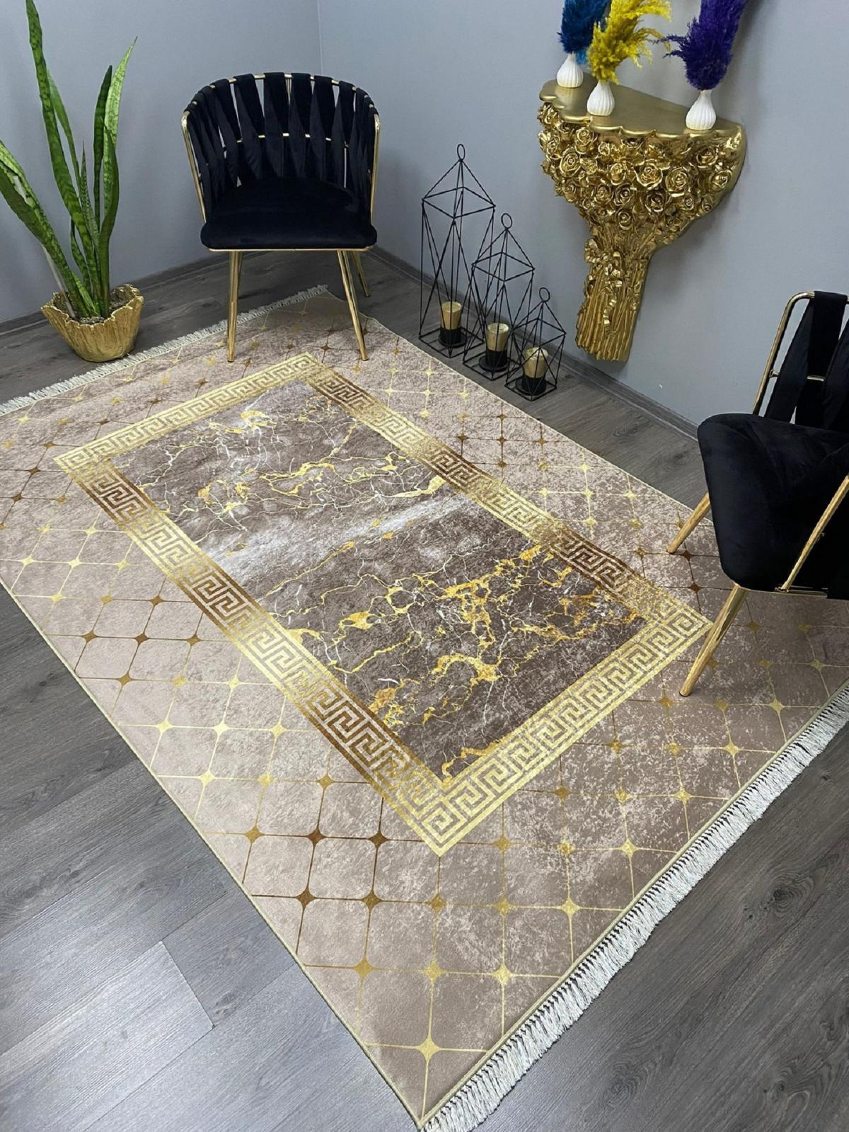 Halı Furyası Altın 8 mm Polyester Antibakteriyel Yıkanabilir Orta Kaymaz Lateks Taban Dikdörtgen Makine Dokuma Salon Halısı 160x230 cm