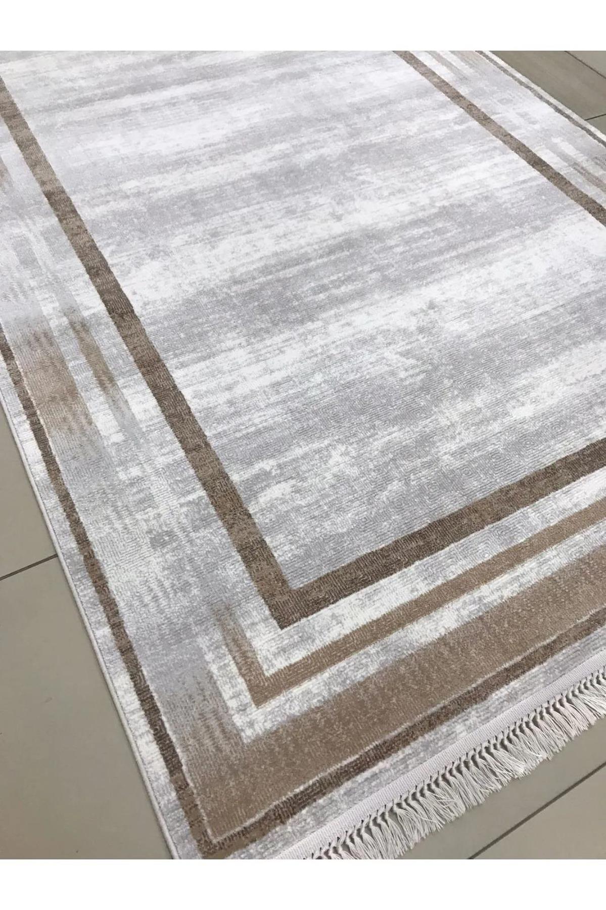 Merinos  Rodin 60900 Gri - Kahverengi 10 mm Akrilik Toz Tutmaz Yıkanabilir Kalın Kaymaz Dikdörtgen Makine Dokuma Salon Halısı 100x200 cm